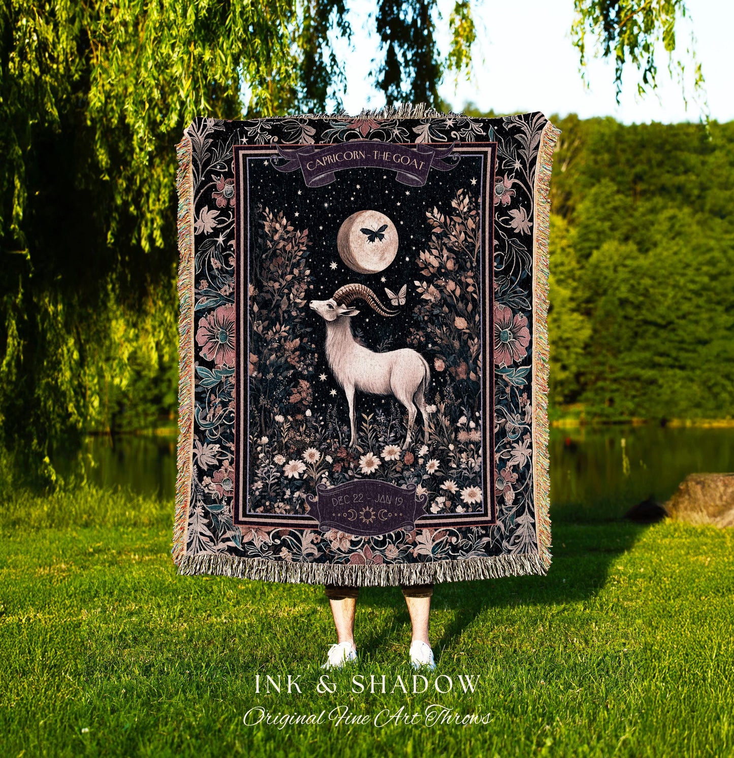 Magic Moonlit Night Sky Celestial Capricorn Star Sign Blanket Forest Fairycore Throw, The Goat Zodiac Birthday Tapestry Whimsical Witchy Art