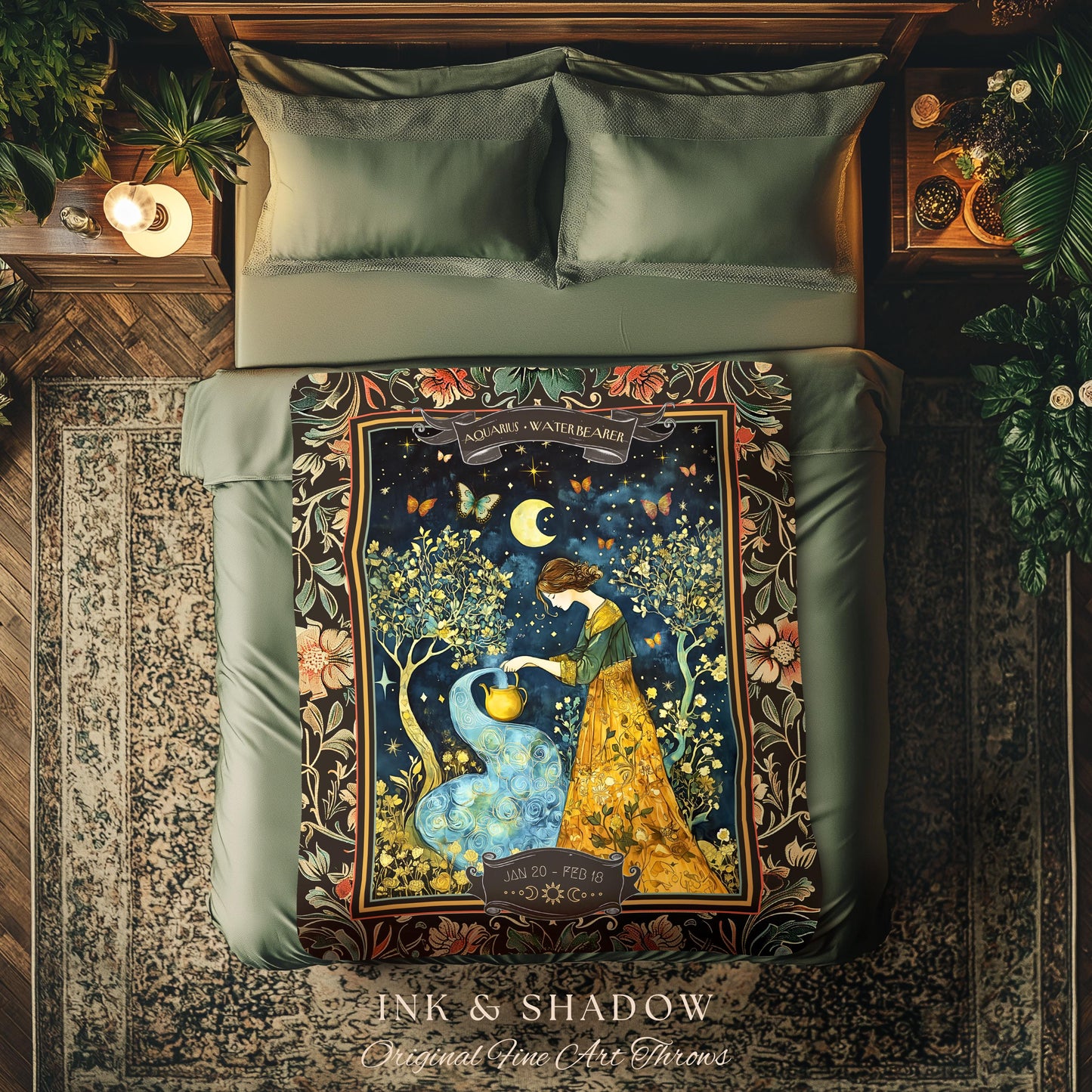Mystic Folklore Aquarius Zodiac Blanket Rustic Star Sign Tapestry Throw, Fairycore Forest Art Astrology Gift The Water Bearer Birthday Decor