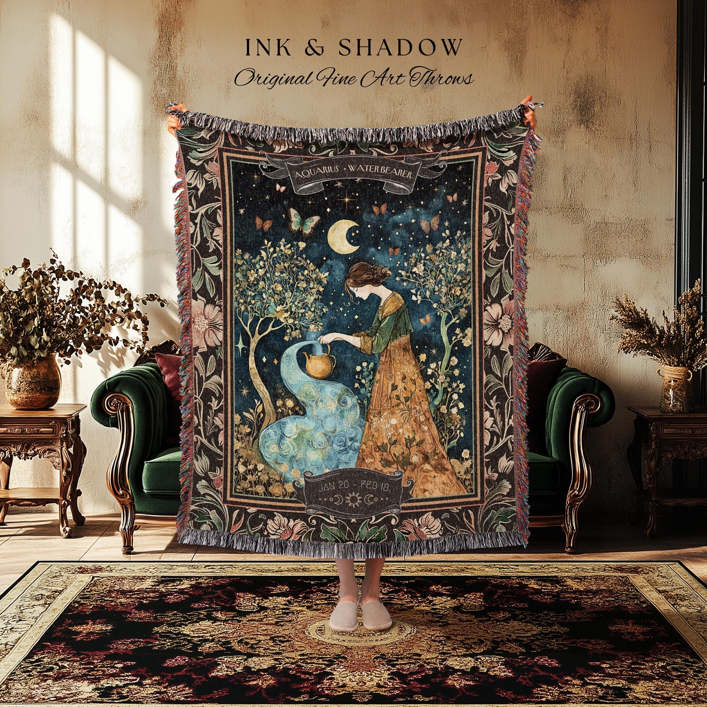 Mystic Folklore Aquarius Zodiac Blanket Rustic Star Sign Tapestry Throw, Fairycore Forest Art Astrology Gift The Water Bearer Birthday Decor