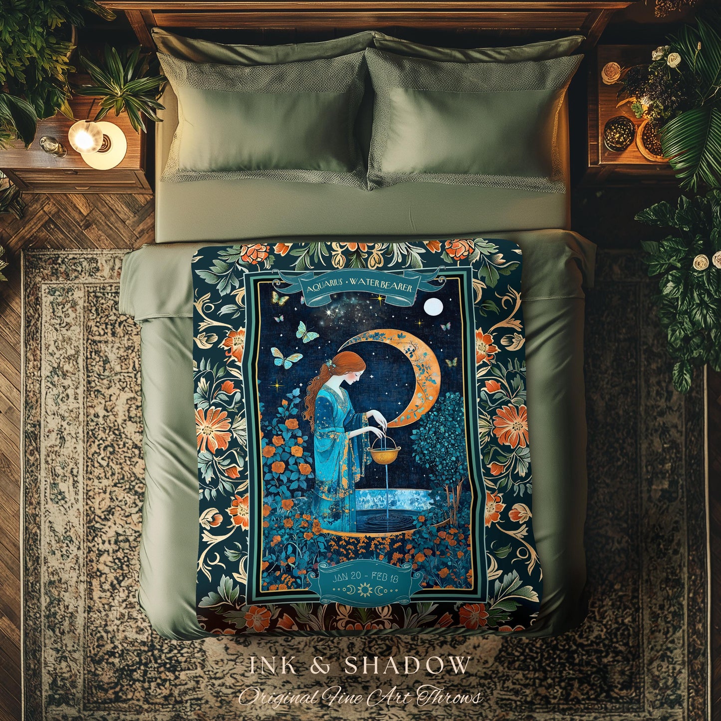 Dreamy Celestial Garden Aquarius Tapestry Throw Zodiac Sign Floral Fairycore Blanket | Whimsical Moonlit Astrology Art The Water Bearer Gift