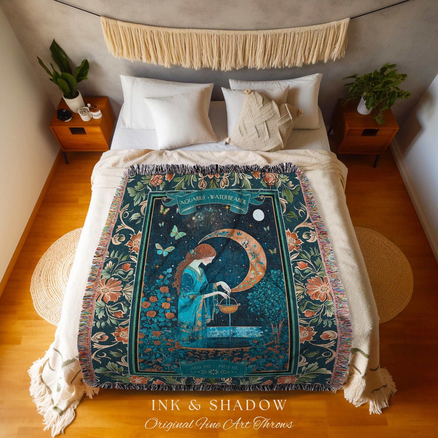Dreamy Celestial Garden Aquarius Tapestry Throw Zodiac Sign Floral Fairycore Blanket | Whimsical Moonlit Astrology Art The Water Bearer Gift