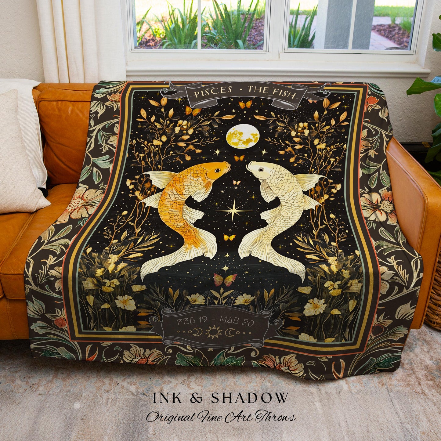 Ancient Water Garden Pisces Astrology Blanket Mystical Moonlit Zodiac Decor | The Fish Starry Night Vintage Constellation Birth Month Gift