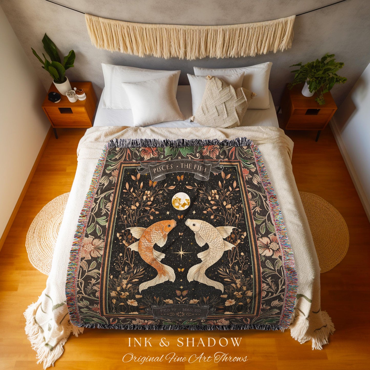 Ancient Water Garden Pisces Astrology Blanket Mystical Moonlit Zodiac Decor | The Fish Starry Night Vintage Constellation Birth Month Gift