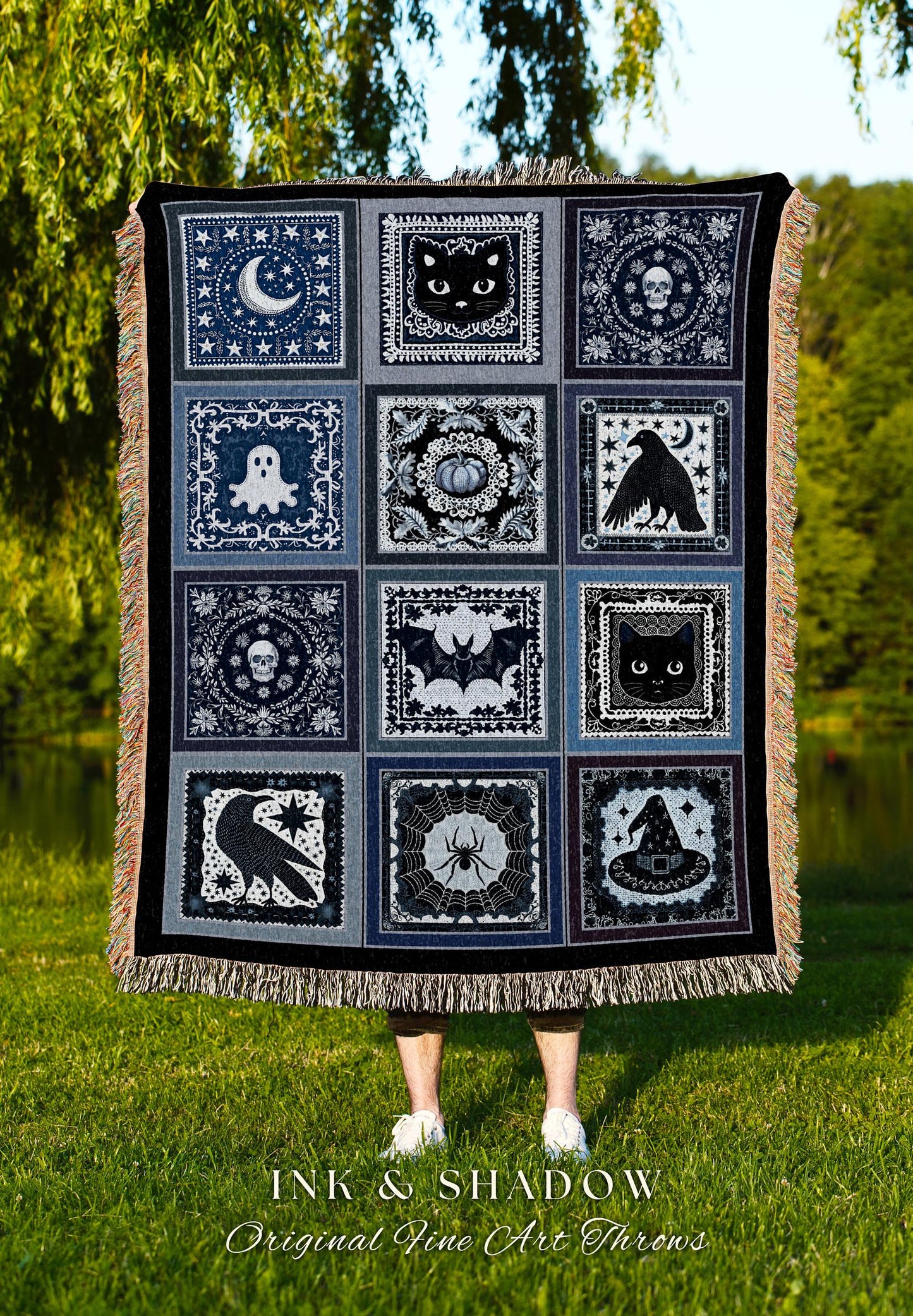 Indigo Blue Gothic Halloween Blanket Witchy Magic Whimsical Unique Spooky Nights Gift Mystic Throw Blanket Cozy Elegance Whimsigoth Decor
