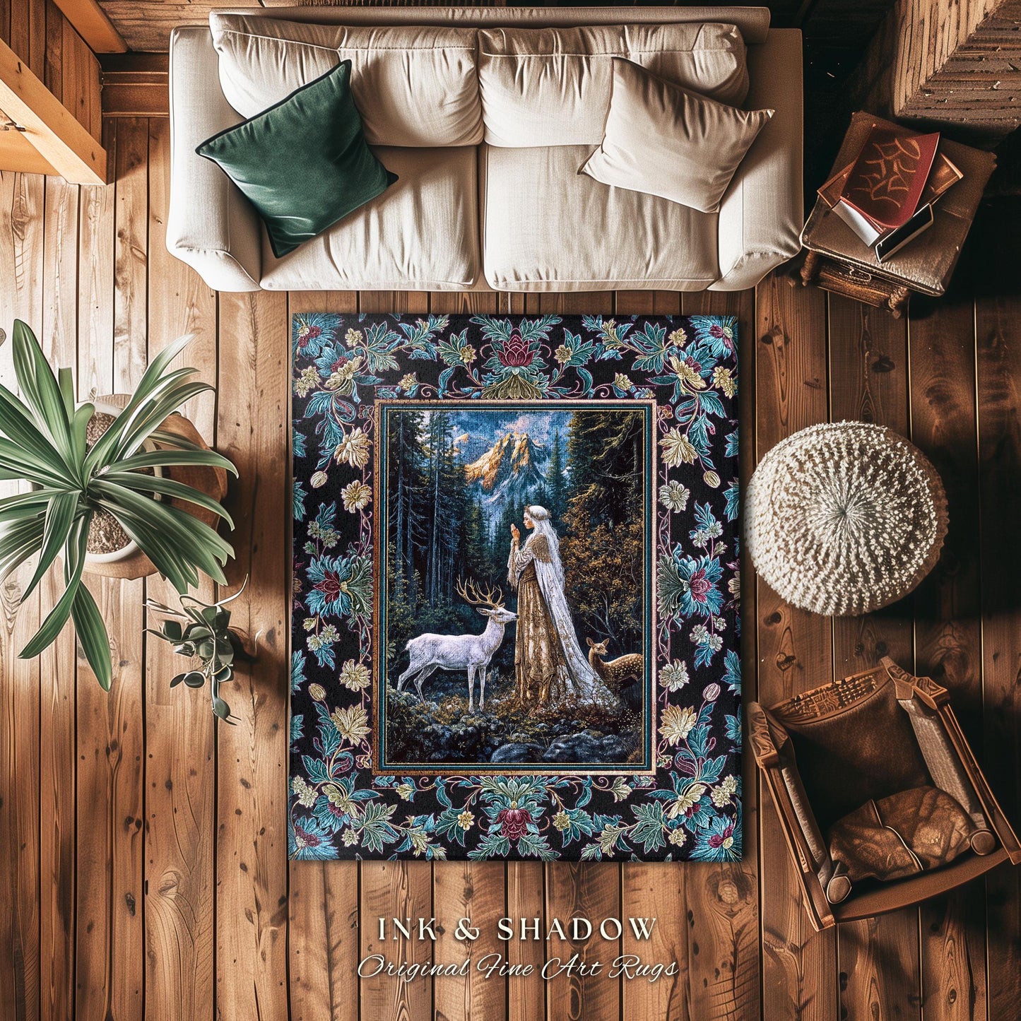 Magical Forest Fantasy Accent Rug | Ancient Druid Area Rug Woodland Spirit Animal Fairytale Decor Ethereal Bedroom Folklore Deer Artwork |