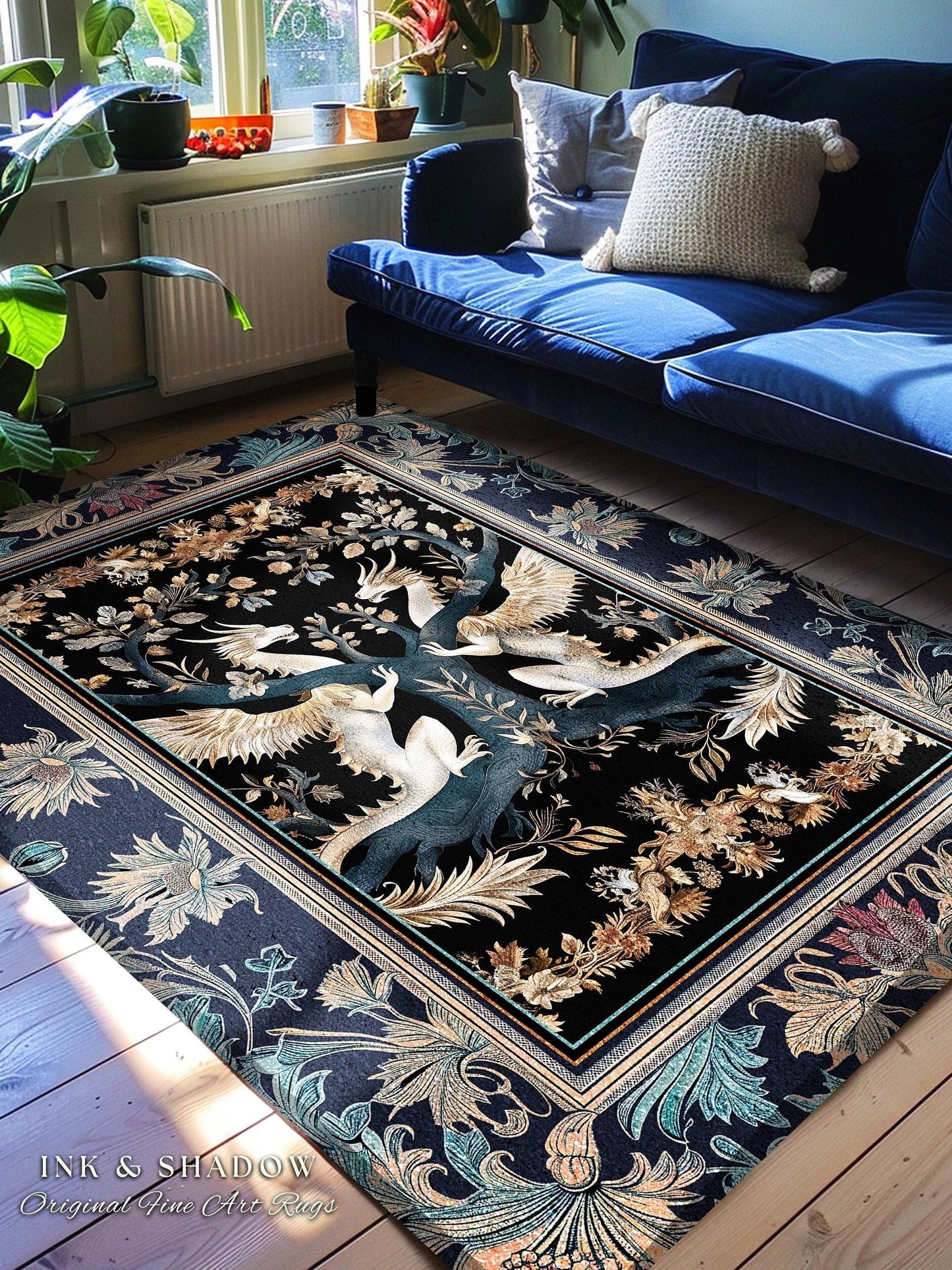 Ethereal Magical Dragon Rug Victorian Gothic Enchanted Forest Scene | Ornate Art Nouveau Baroque Decor Medieval Fantasy Cottagecore Accent