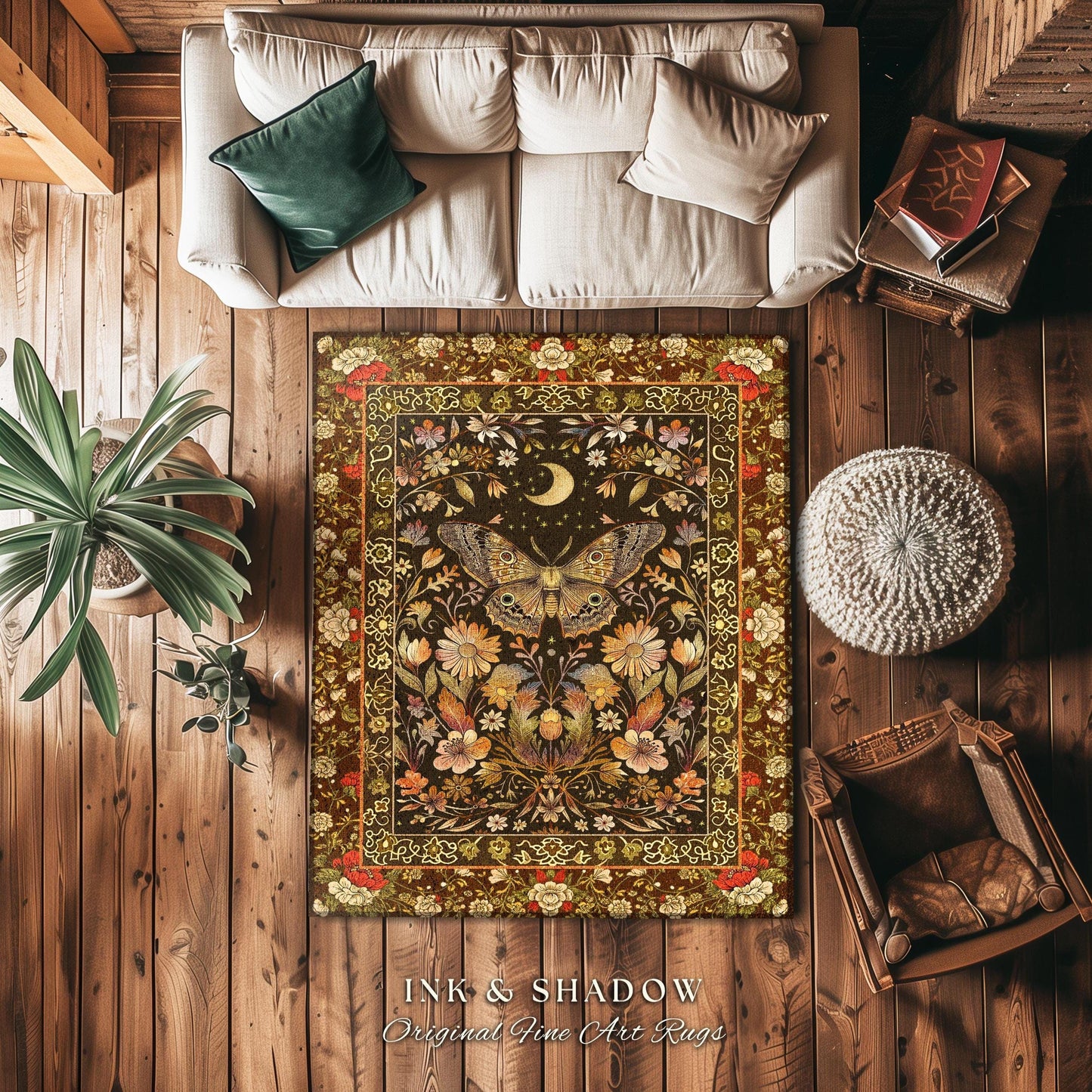 Vintage Floral Woodland Gothic Moth Moon Celestial Rug Rustic Country Cottage, Mystic Fairycore Shabby Chic Butterfly Botanical Cottagecore