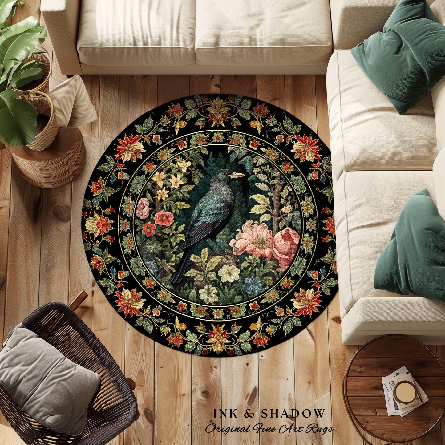 Dark Floral Raven Area Rug | Ethereal Gothic Room Decor William Morris Inspired Cottagecore Aesthetic Dark Fairycore Bedroom Crow Core Art |