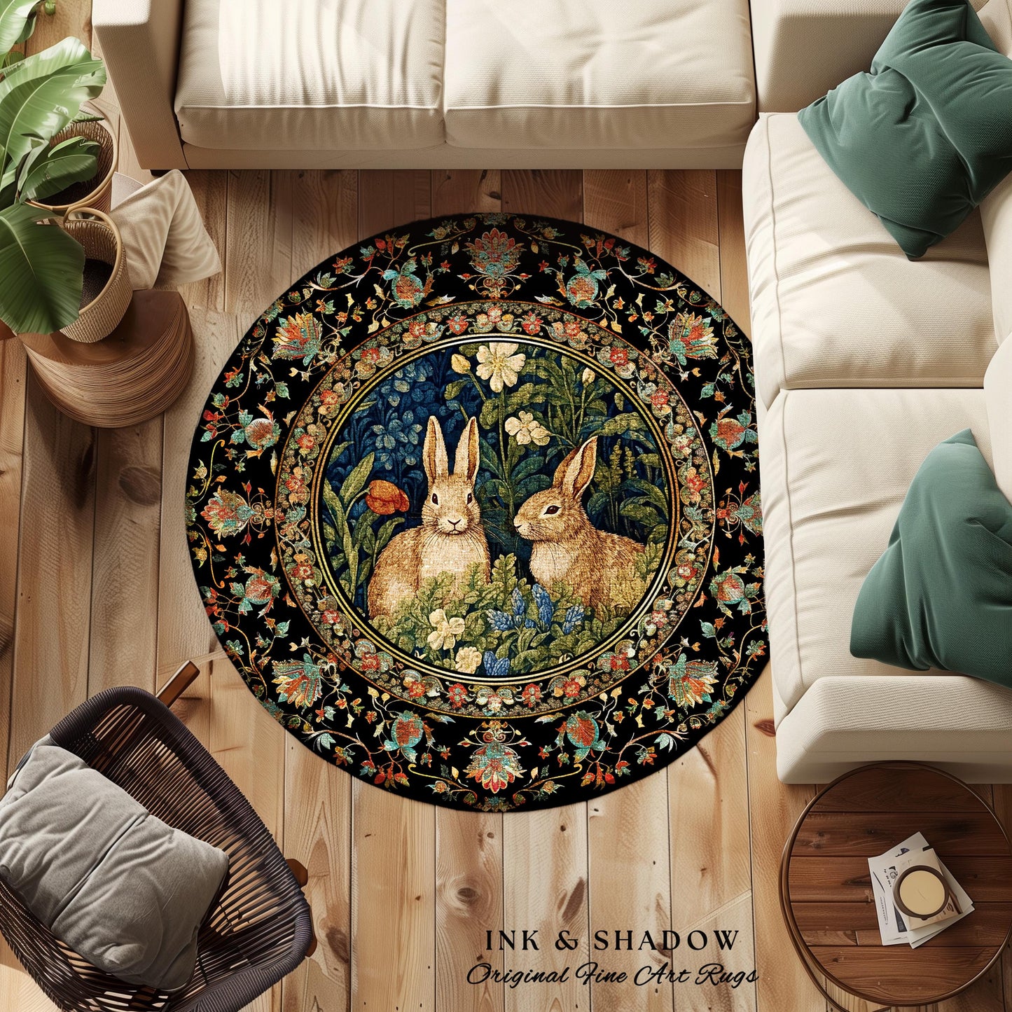 Woodland Fairycore Floral Round Rabbits Rug Morris Inspired Forest Fairycore | Botanical Bunny Victorian Cottagecore Bunnies Spring Art Rug