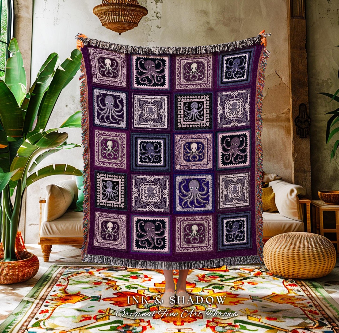 Sea Life Oceancore Octopus Tapestry | Mermaidcore Beachy Bohemian Costal Woven Blanket Whimsical Folklore Underwater Ocean Aesthetic Purple