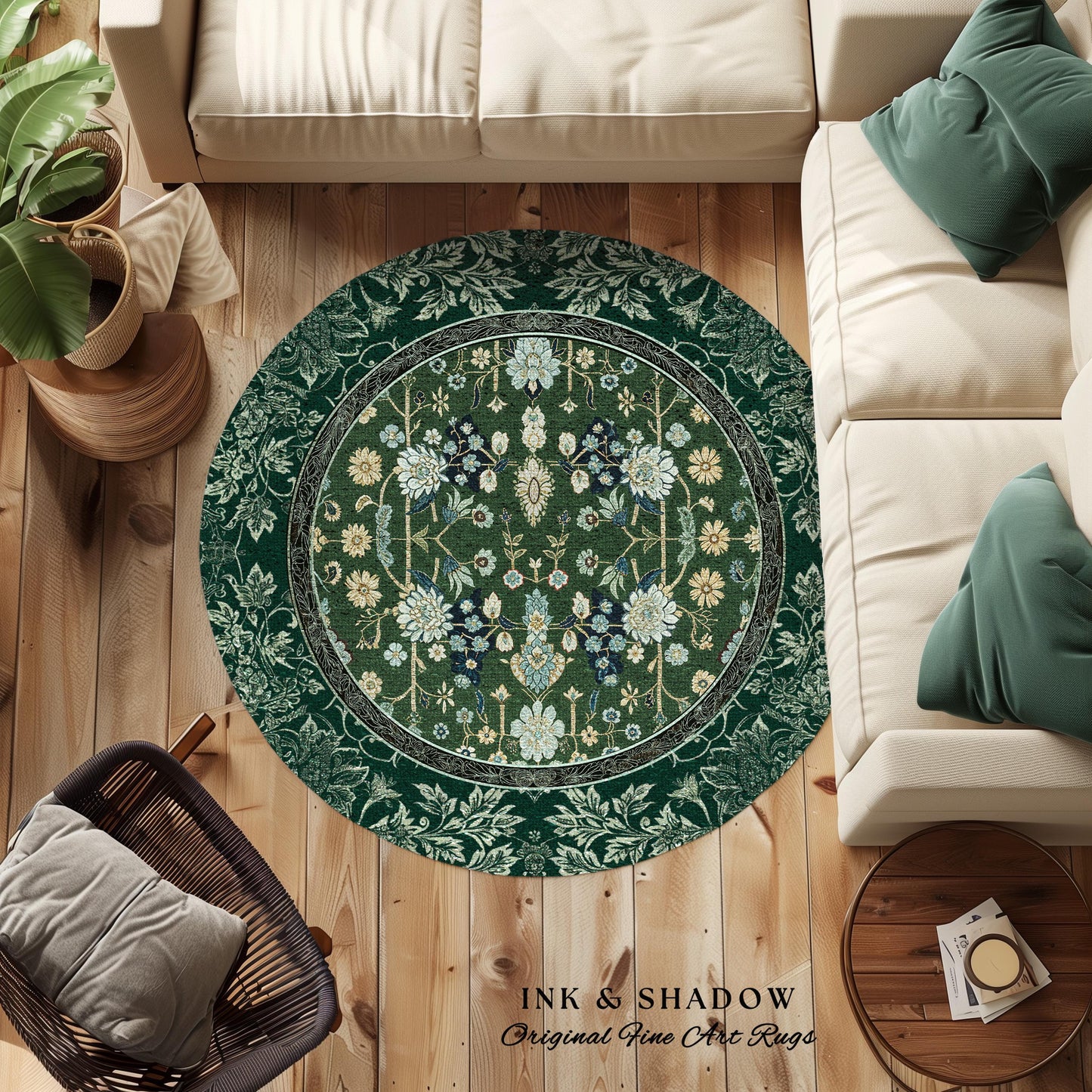 Muted Green Boho Round Area Rug | Rustic Aesthetic Living Room Pastel Green Home Decor Housewarming Gift Cottagecore Green Bedroom Floor Mat