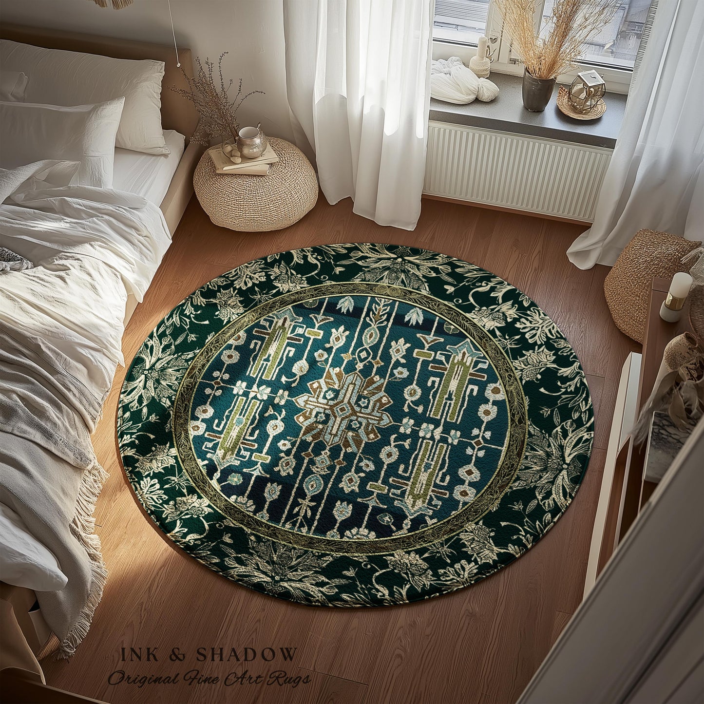 Sage Green Boho Round Area Rug | Aestheetic Living Room Pastel Blue Home Decor Rustic Housewarming Gift Cottagecore Forest Green Bedroom Mat