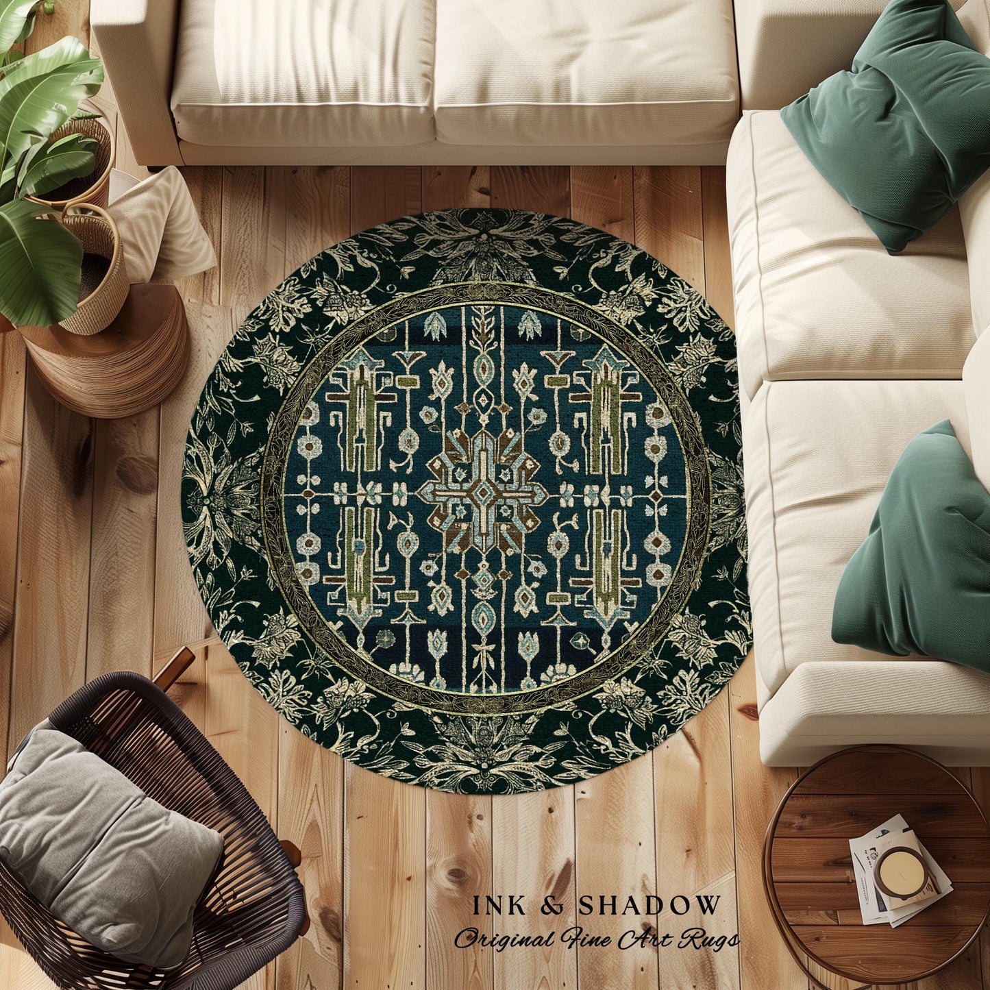 Sage Green Boho Round Area Rug | Aestheetic Living Room Pastel Blue Home Decor Rustic Housewarming Gift Cottagecore Forest Green Bedroom Mat