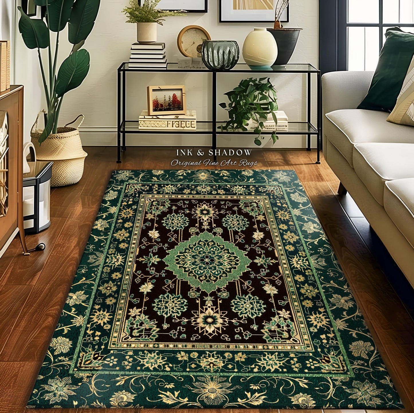 Dark Academia Emerald Statement Rug | Reading Nook Cozy Floor Rug Ornate Rug with Blue Green Detail Cottagecore Victorian Gothic Aesthetic