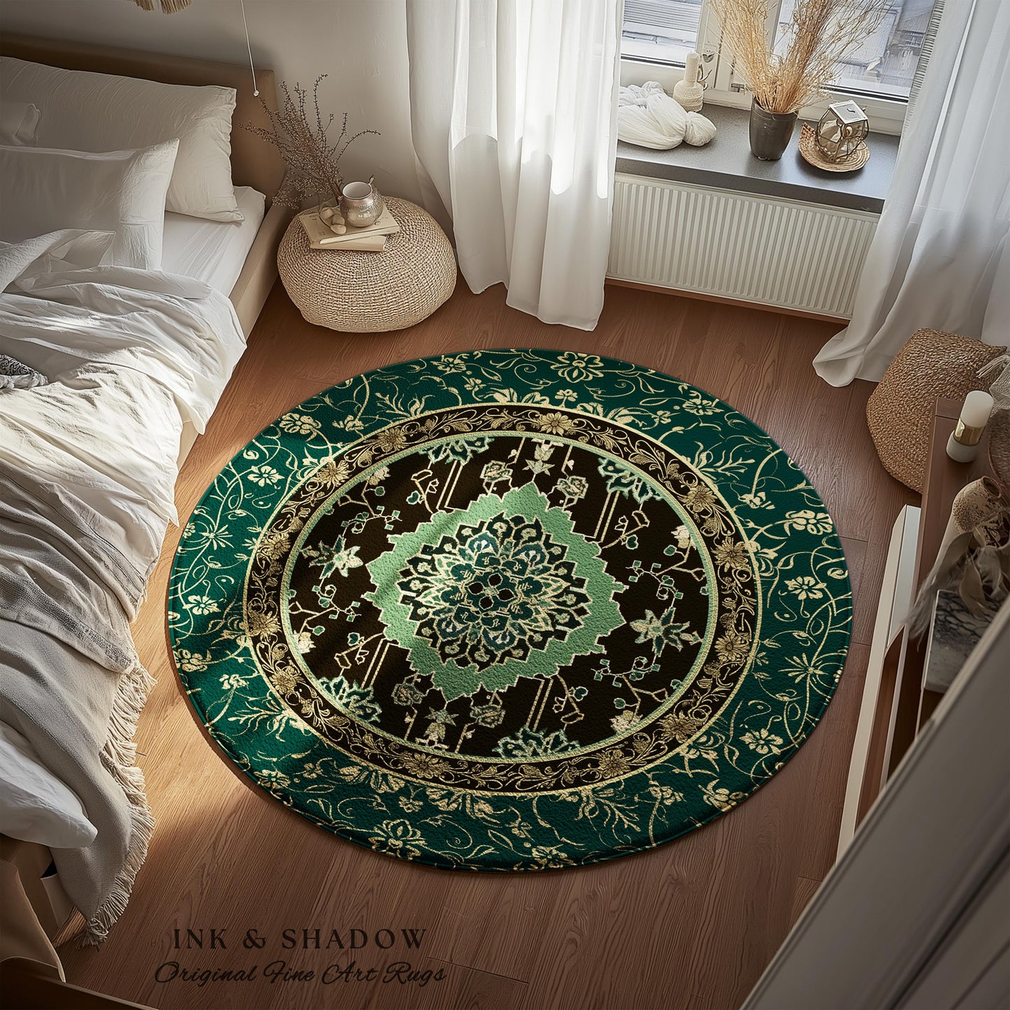 Dark Academia Emerald Round Statement Rug | Reading Nook Cozy Floor Rug Ornate Rug with Blue Green Detail Cottagecore Victorian Gothic Decor