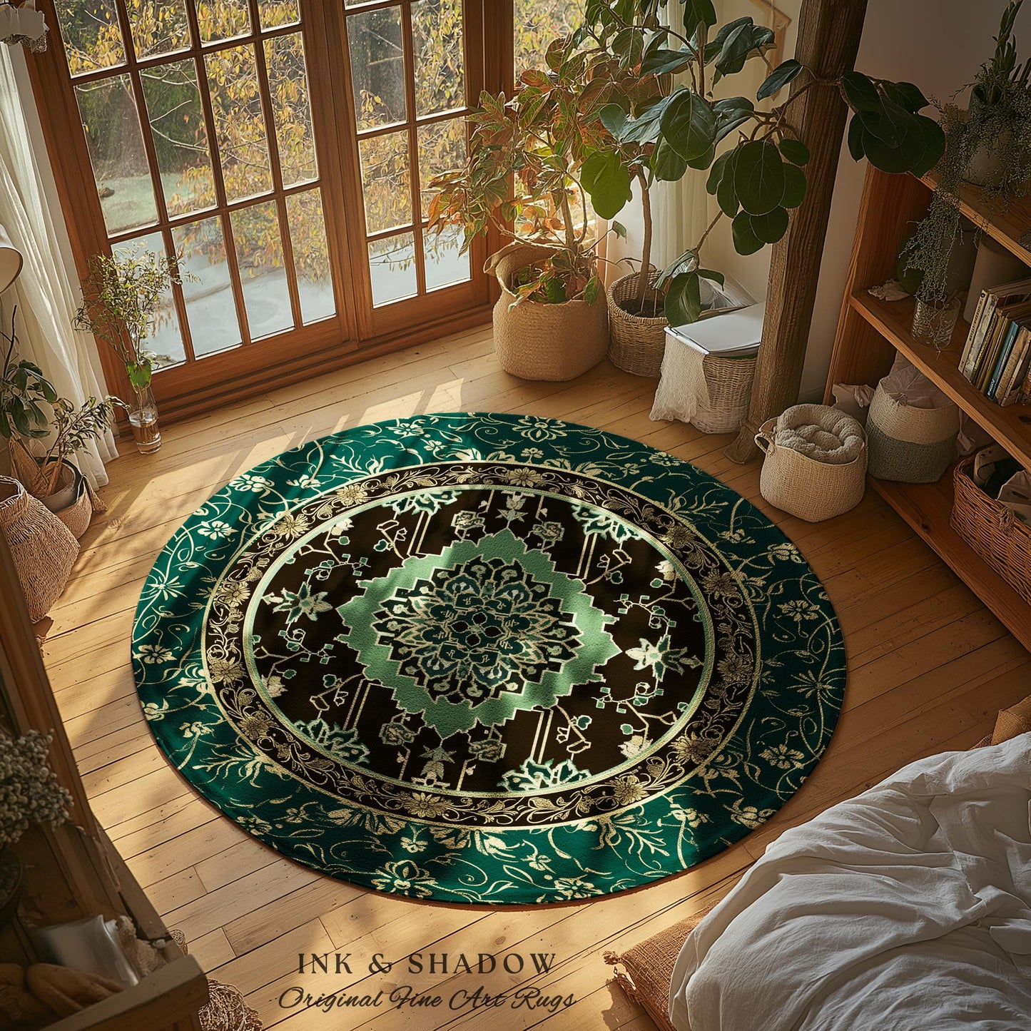Dark Academia Emerald Statement Rug | Reading Nook Cozy Floor Rug Ornate Rug with Blue Green Detail Cottagecore Victorian Gothic Aesthetic