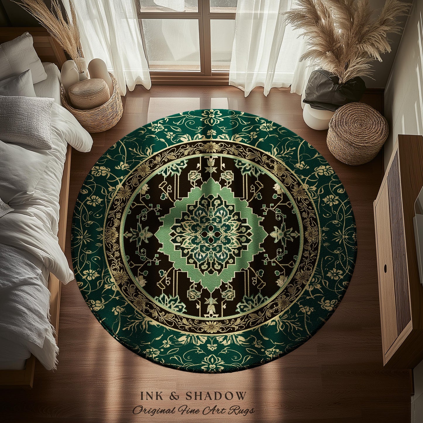 Dark Academia Emerald Round Statement Rug | Reading Nook Cozy Floor Rug Ornate Rug with Blue Green Detail Cottagecore Victorian Gothic Decor