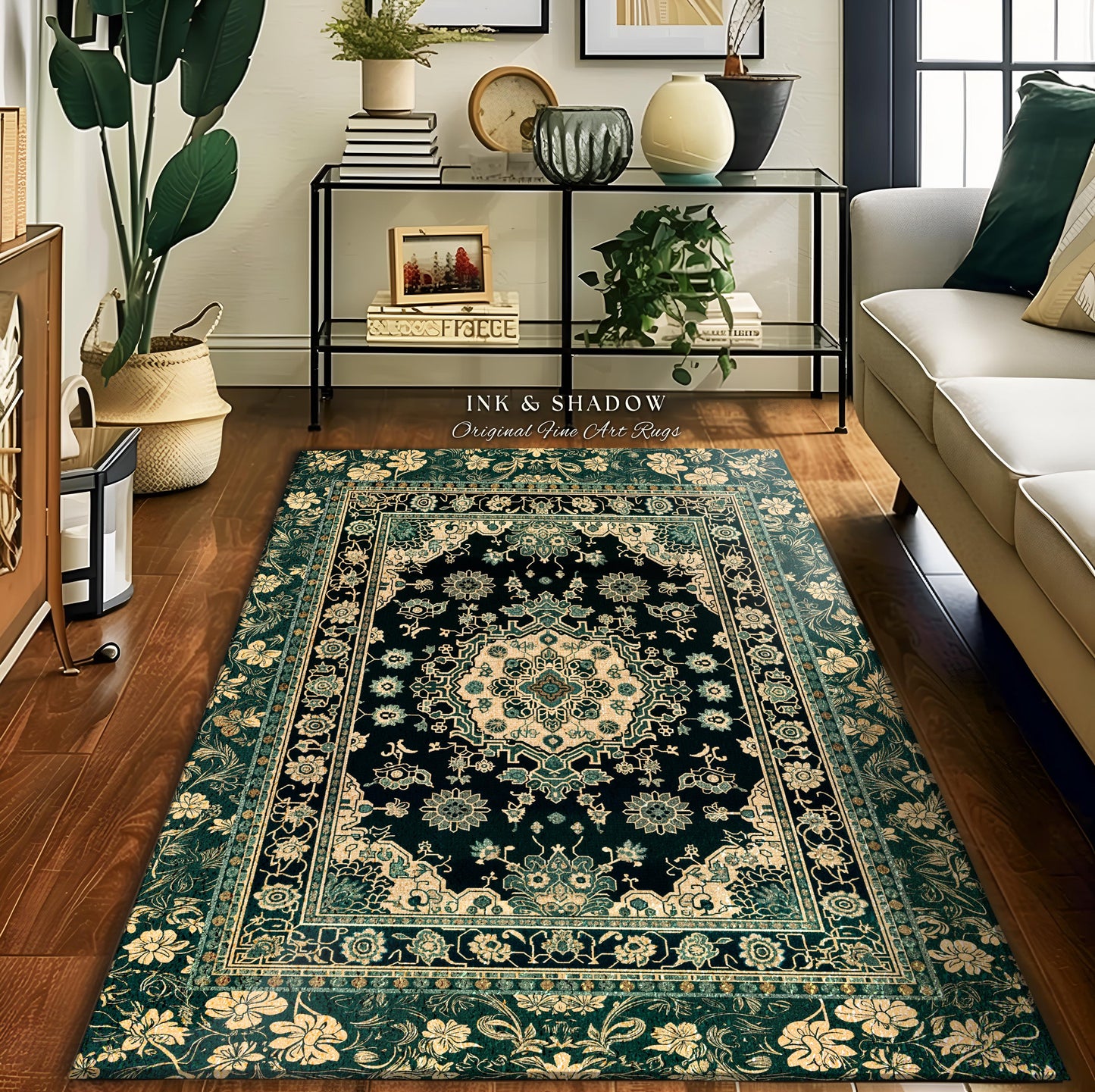 Victorian Gothic Bedroom Rug | Reading Nook Cozy Floor Rug Ornate Statement Rug with Blue Green Detail Cottagecore Dark Academia Aesthetic