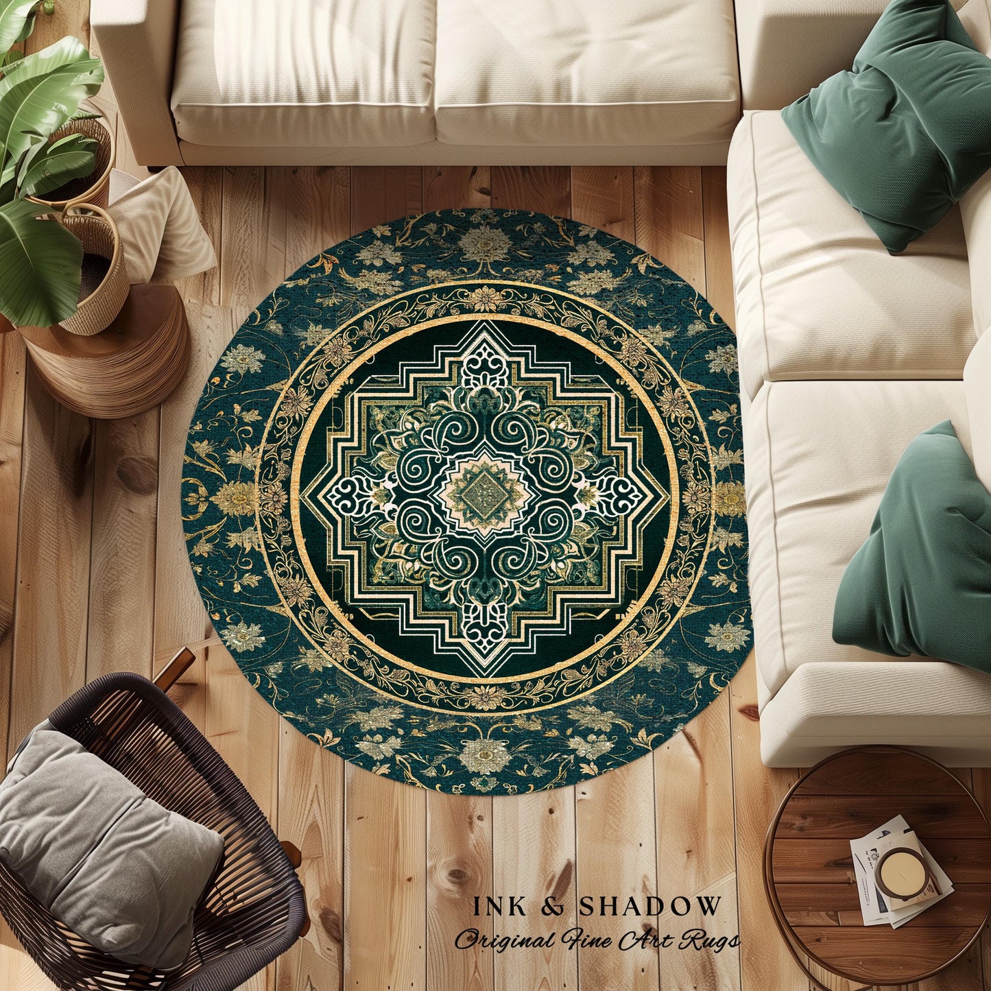 Gothic Maximalist Accent Rug | Forest Green Floor Rug Ornate Rug With Blue Green Detail Cottagecore Victorian Gothic Aesthetic Dark Teal |