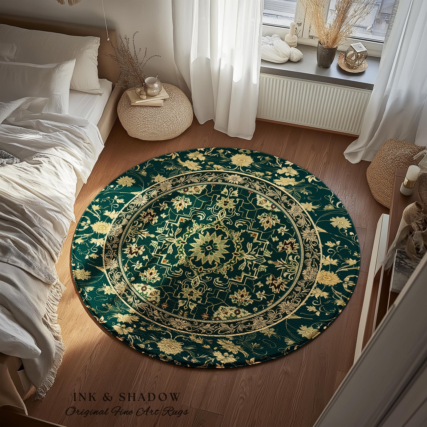Dark Academia Art Deco Area Rug | Ornate Design Deep Emerald Green Floor Rug Baroque Victorian Gothic Dark Mystic Maximalist Bedroom Decor |