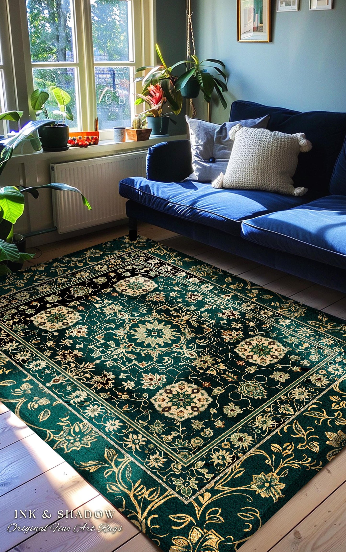 Dark Academia Art Deco Area Rug | Ornate Design Deep Emerald Green Floor Rug Baroque Victorian Gothic Dark Mystic Maximalist Bedroom Decor |