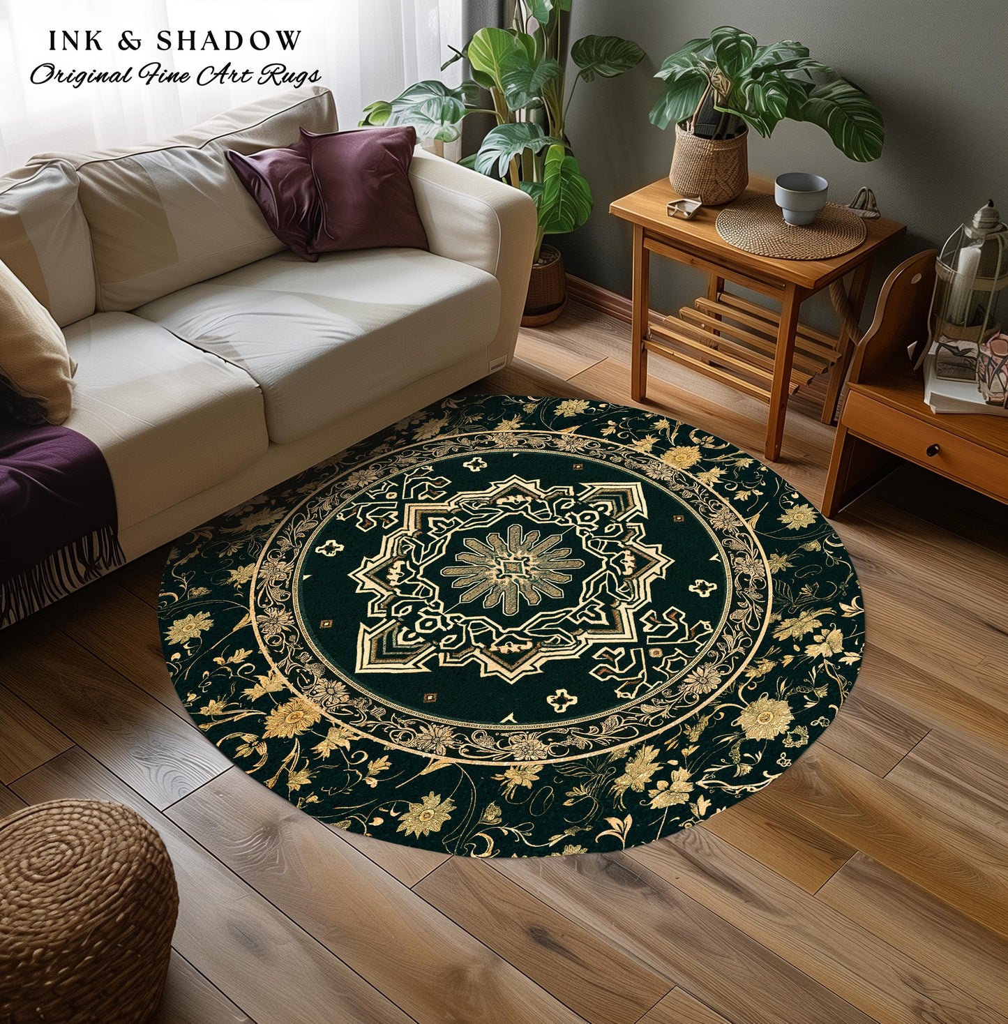Eccentric Geometric Art Deco Rug | Rustic Gold Accent Design Bohemian Carpet Midnight Emerald Ornate Traditional Living Room Baroque Style |