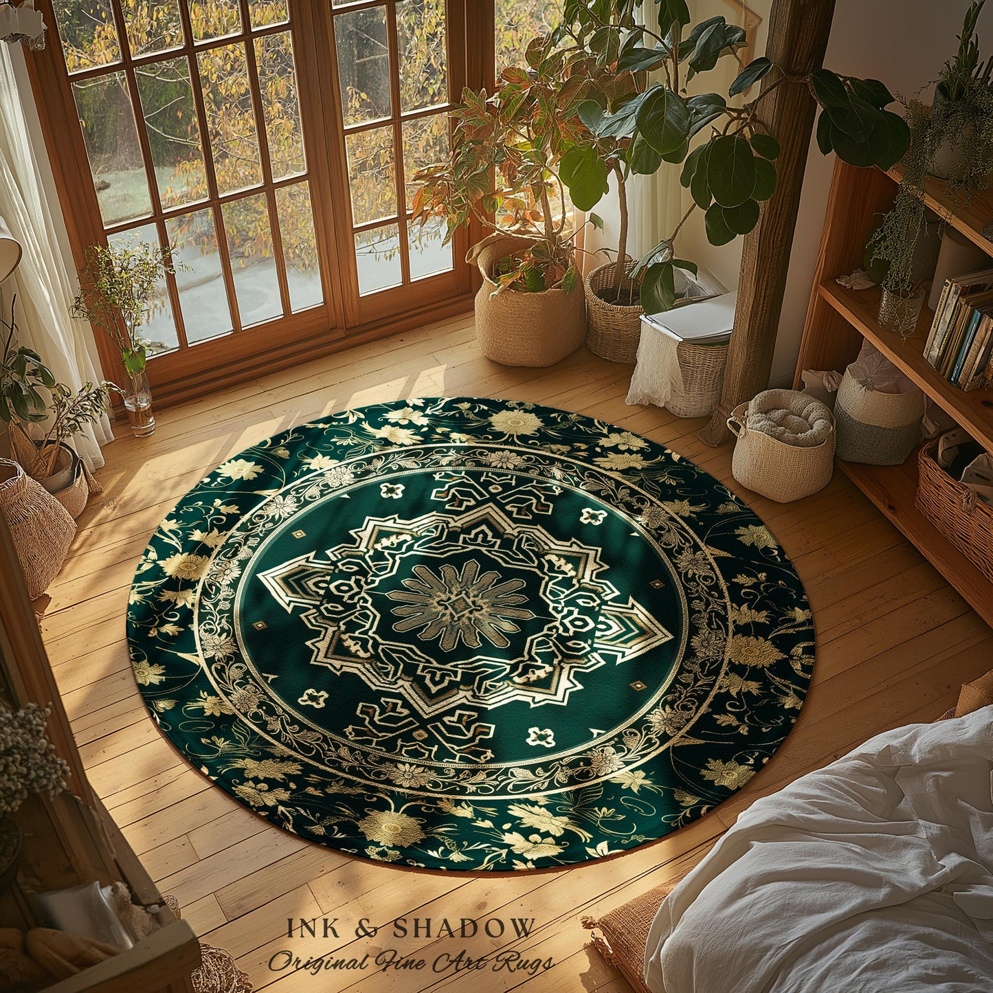 Eccentric Geometric Art Deco Rug | Rustic Gold Accent Design Bohemian Carpet Midnight Emerald Ornate Traditional Living Room Baroque Style |