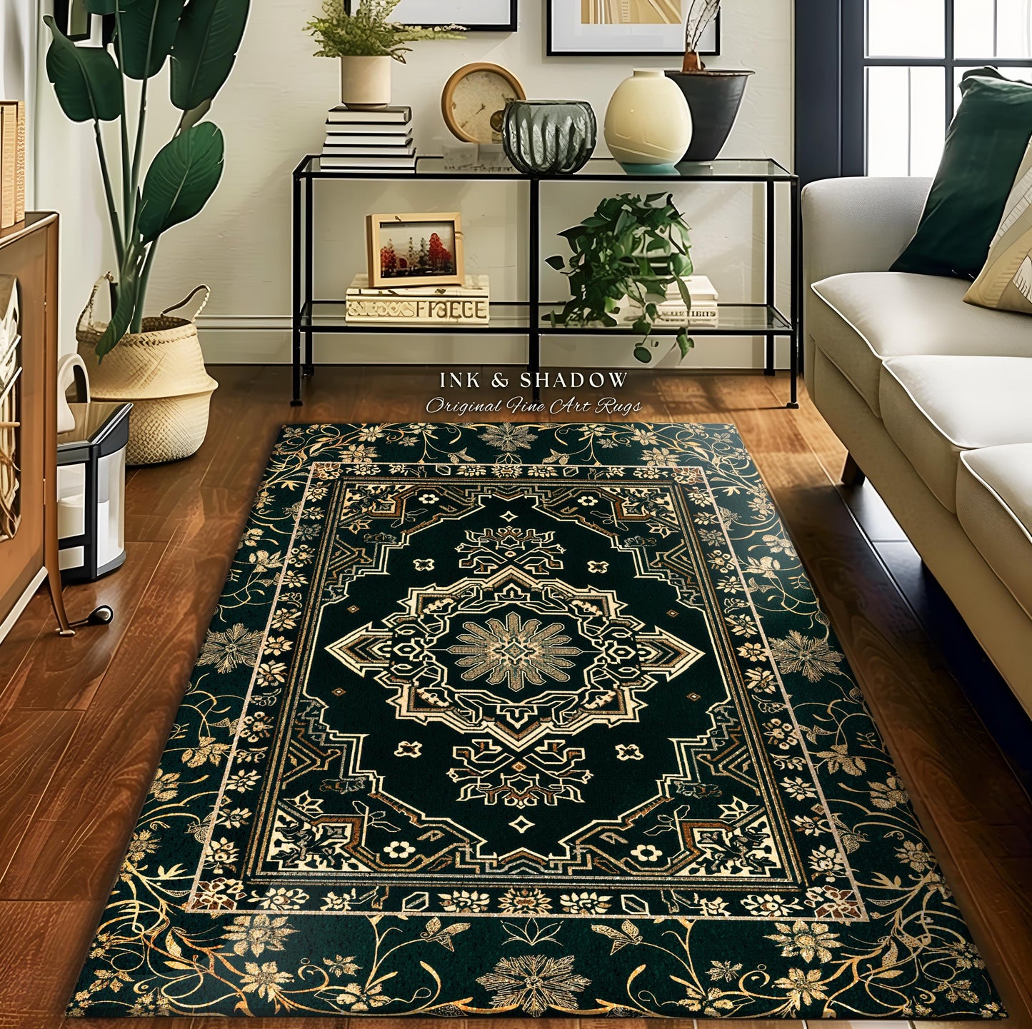 Eccentric Geometric Art Deco Rug | Rustic Gold Accent Design Bohemian Carpet Midnight Emerald Ornate Traditional Living Room Baroque Style |
