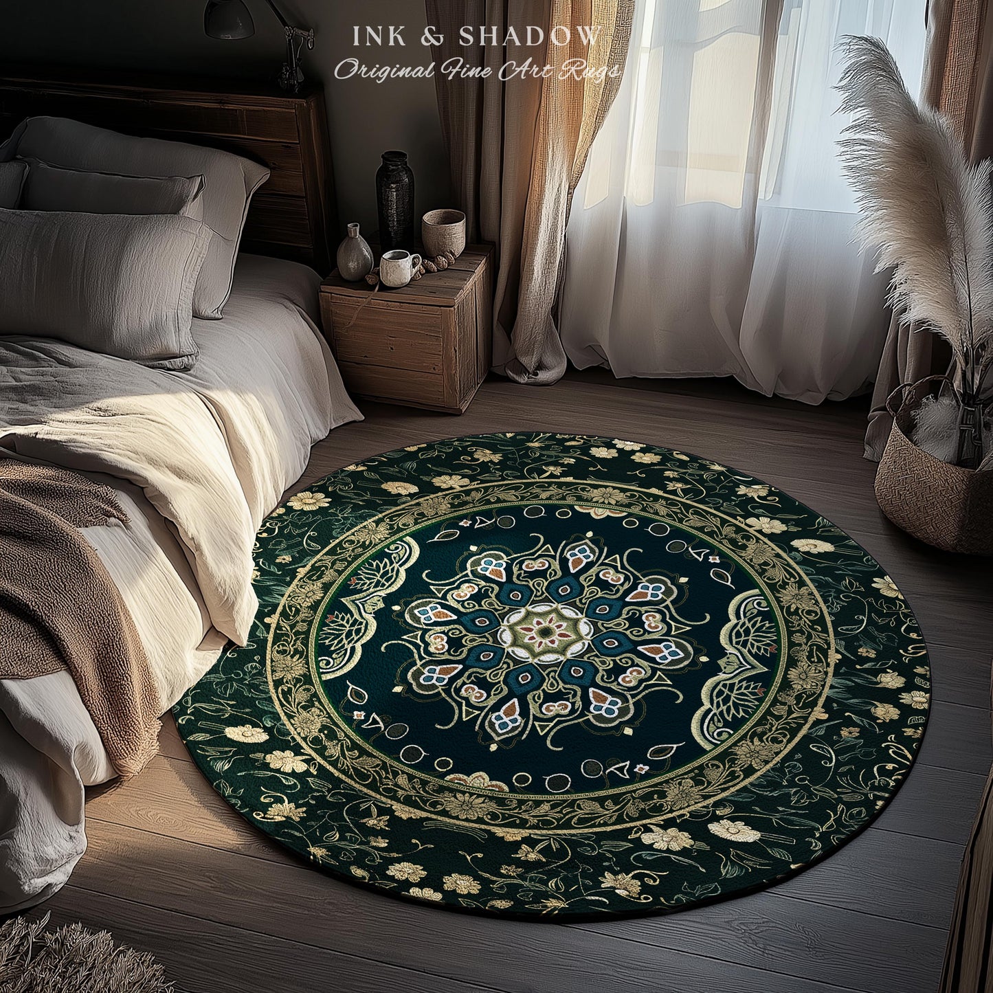 Whimsical Emerald Teal Gothic Accent Rug | Ornate Baroque Design Dark Academia Decor Art Deco Boho Maximalist Bedroom Rug Ethereal Style |