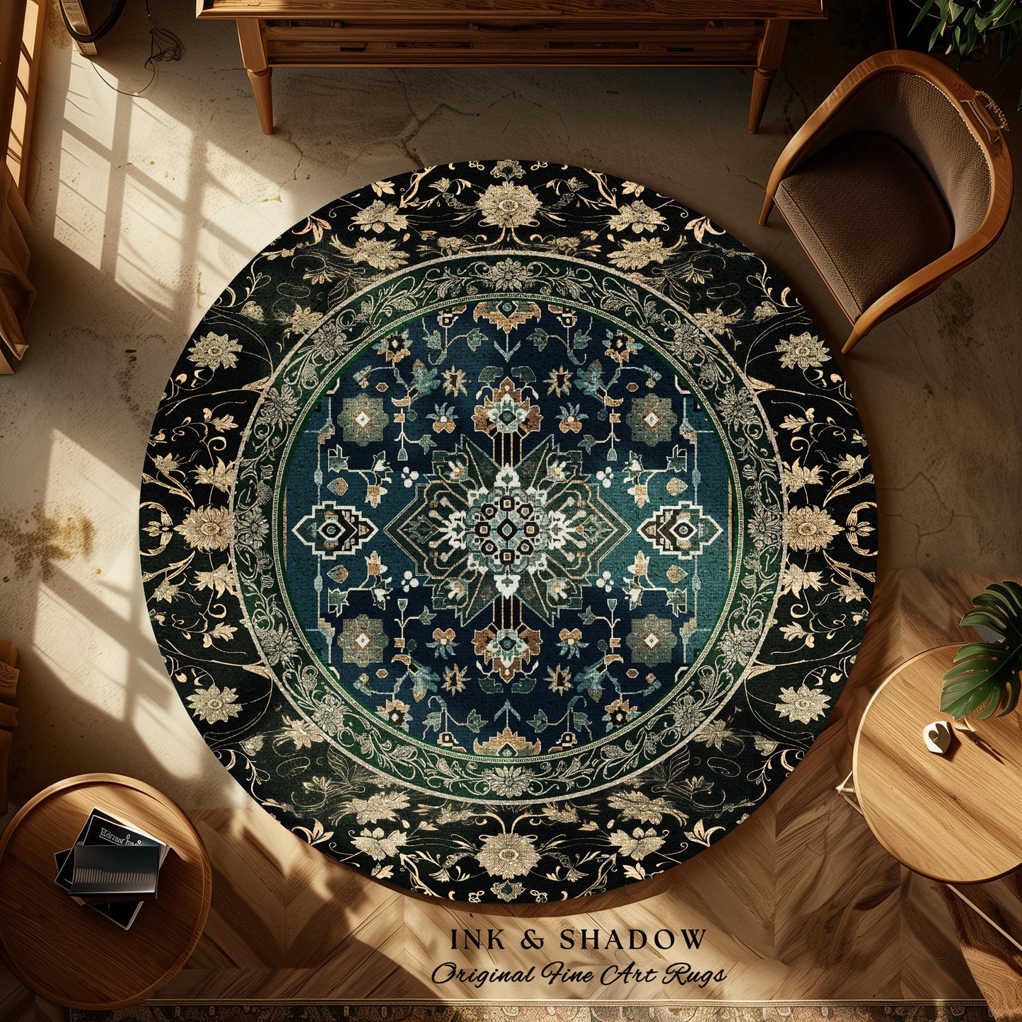 Victorian Baroque Area Rug | Midnight Emerald Ornate Design Gothic Art Deco Boho Accent Dark Academia Maximalist Home Statement Piece Witchy