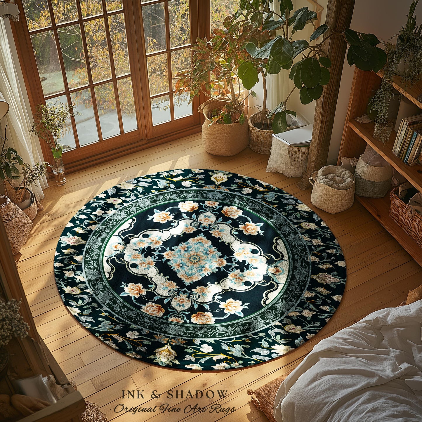 Timeless Aesthetic Pastel Gothic Area Rug | Dark Academia Baroque Teal Antique Ornamental Motif Romantic Victorian Light Blue Room Accent |