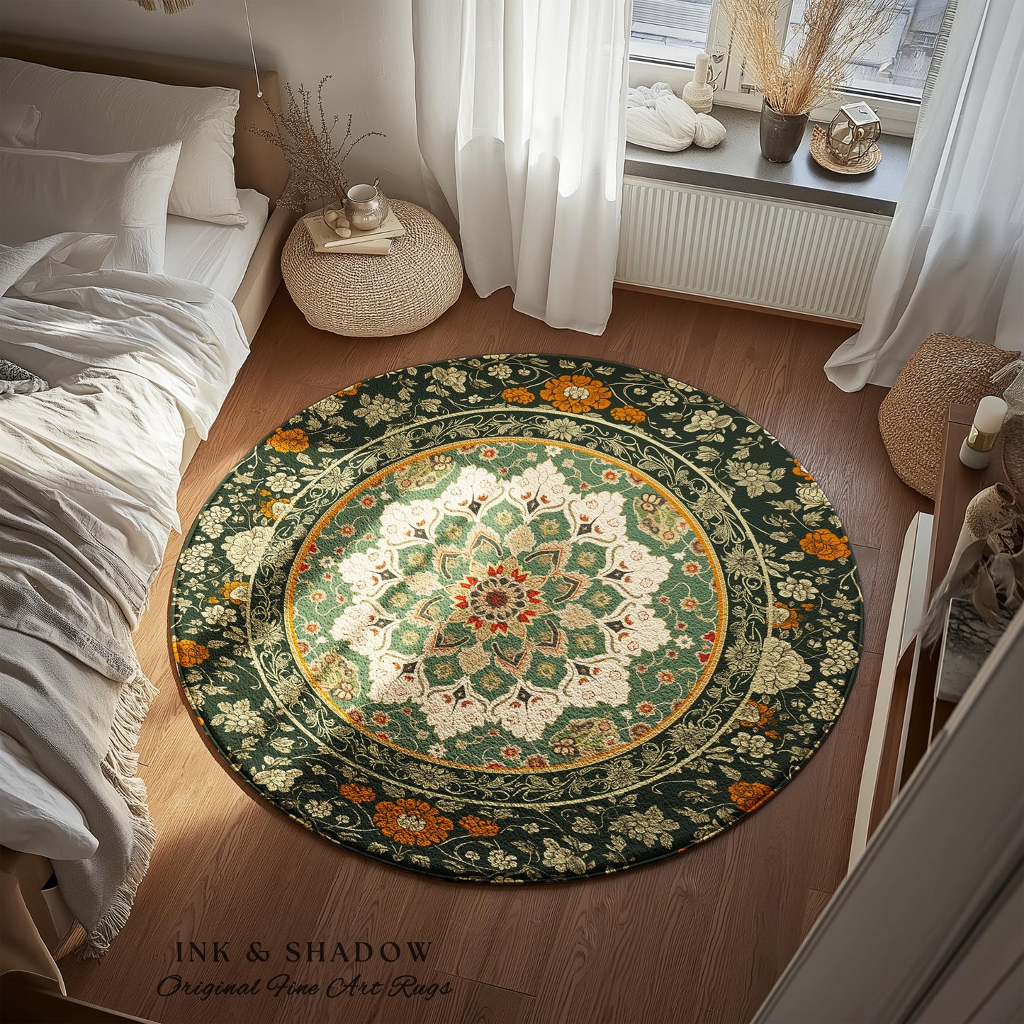 Aesthetic Sage Green Gothic Area Rug | Baroque Ornate Maximalist Design Antique Romance Art Nouveau Pattern Jade Green Victorian Influence