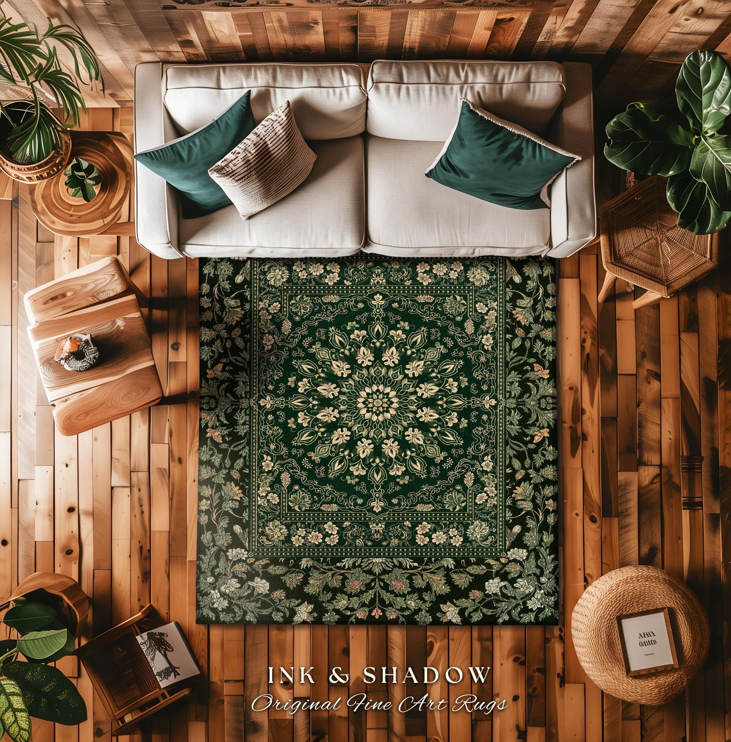 Mystic Dark Green Ornate Area Rug | Traditional Design Accent Rug Deep Emerald Living Room Baroque Gothic Dark Mystic Bedroom Decor Boho |