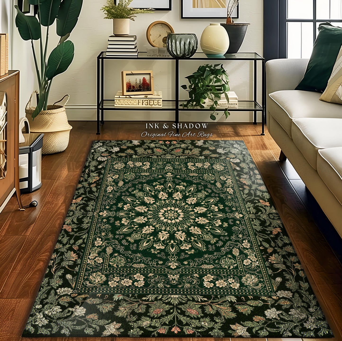 Mystic Dark Green Ornate Area Rug | Traditional Design Accent Rug Deep Emerald Living Room Baroque Gothic Dark Mystic Bedroom Decor Boho |