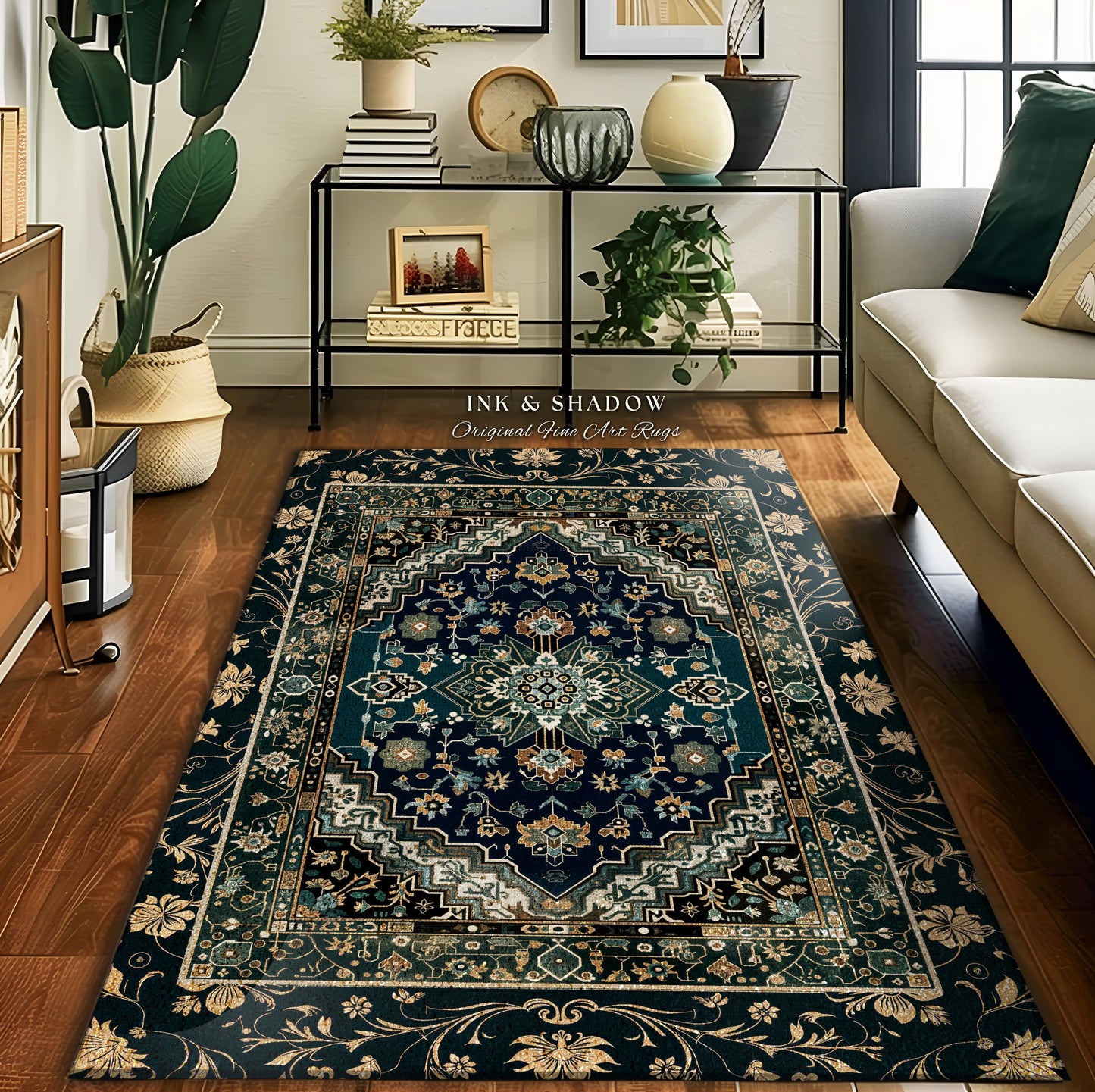 Victorian Baroque Area Rug | Midnight Emerald Ornate Design Gothic Art Deco Boho Accent Dark Academia Maximalist Home Statement Piece Witchy