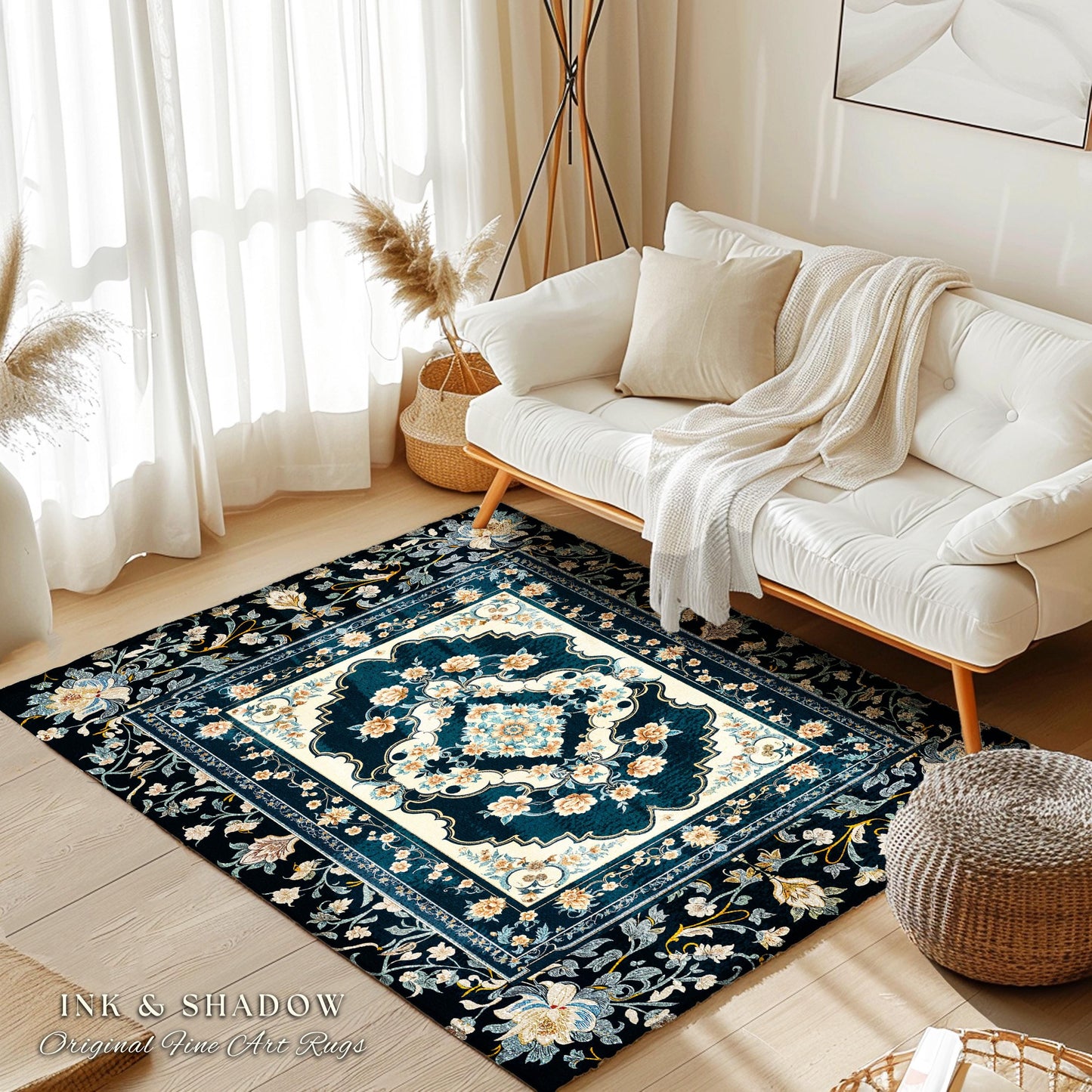 Timeless Aesthetic Pastel Gothic Area Rug | Dark Academia Baroque Teal Antique Ornamental Motif Romantic Victorian Light Blue Room Accent |