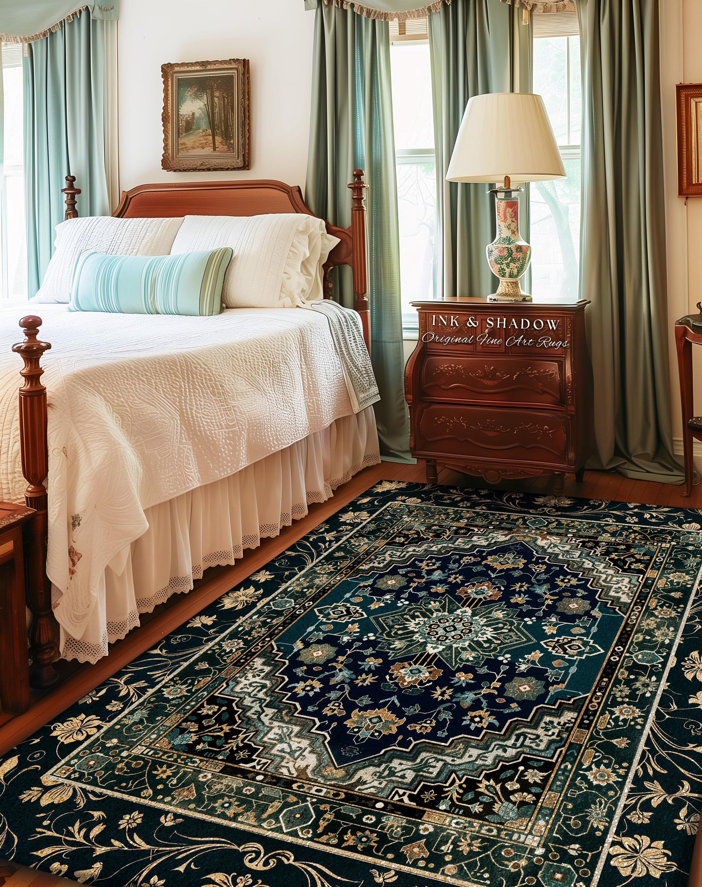 Victorian Baroque Area Rug | Midnight Emerald Ornate Design Gothic Art Deco Boho Accent Dark Academia Maximalist Home Statement Piece Witchy