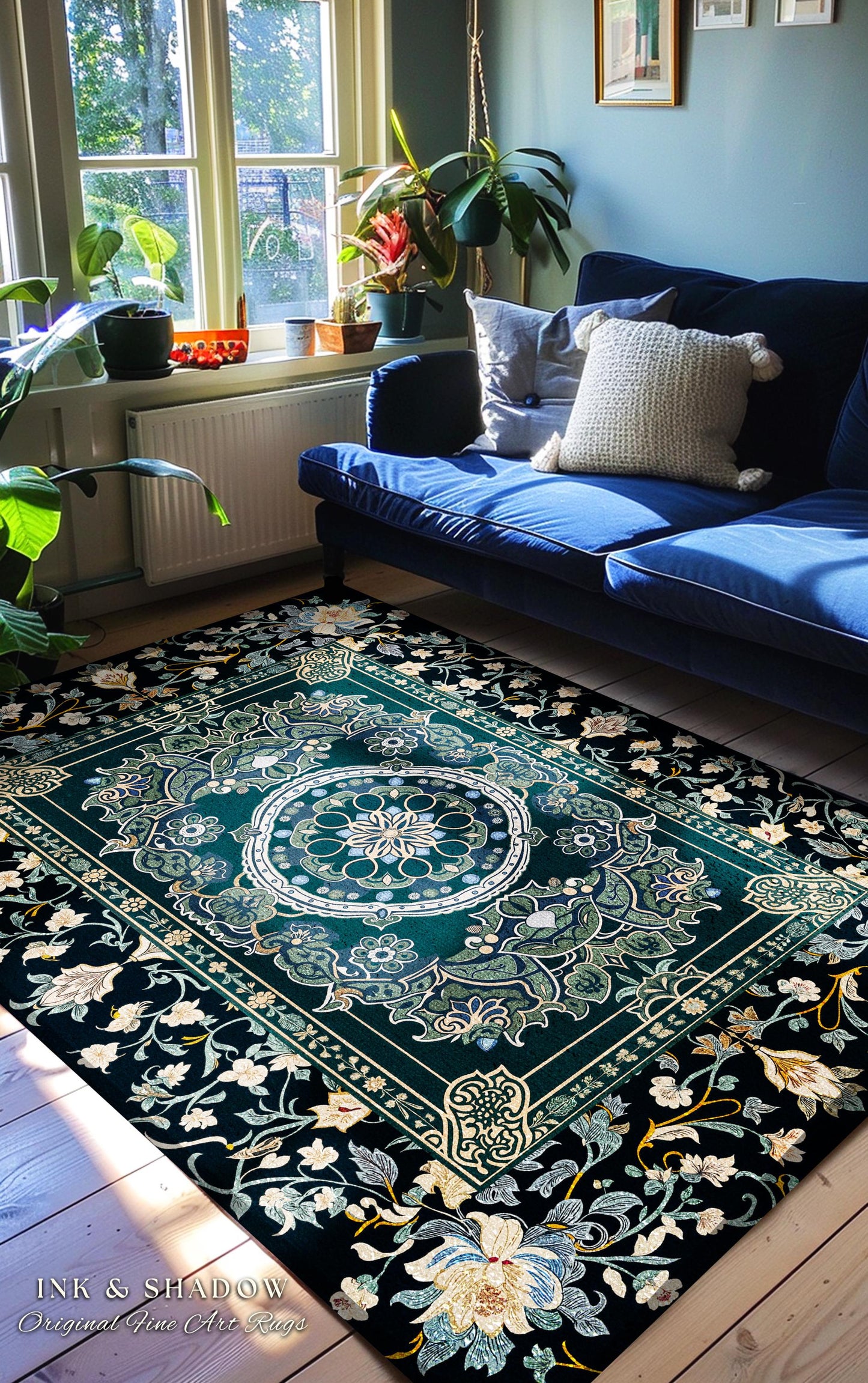 Dark Enchanted Baroque Area Rug | Ornate Midnight Teal Art Deco Design Antique Gothic Home Decor Castlecore Maximalist Vintage Room Accent |