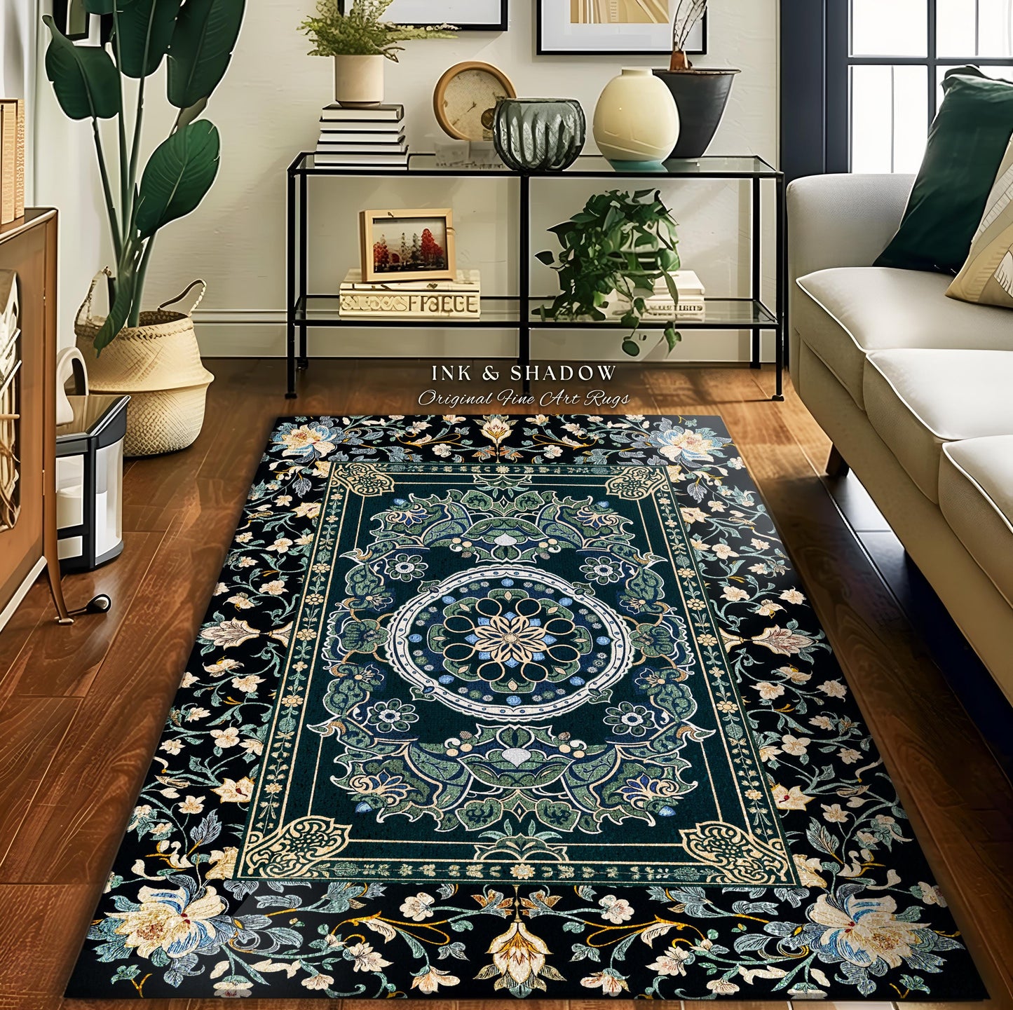 Dark Enchanted Baroque Area Rug | Ornate Midnight Teal Art Deco Design Antique Gothic Home Decor Castlecore Maximalist Vintage Room Accent |