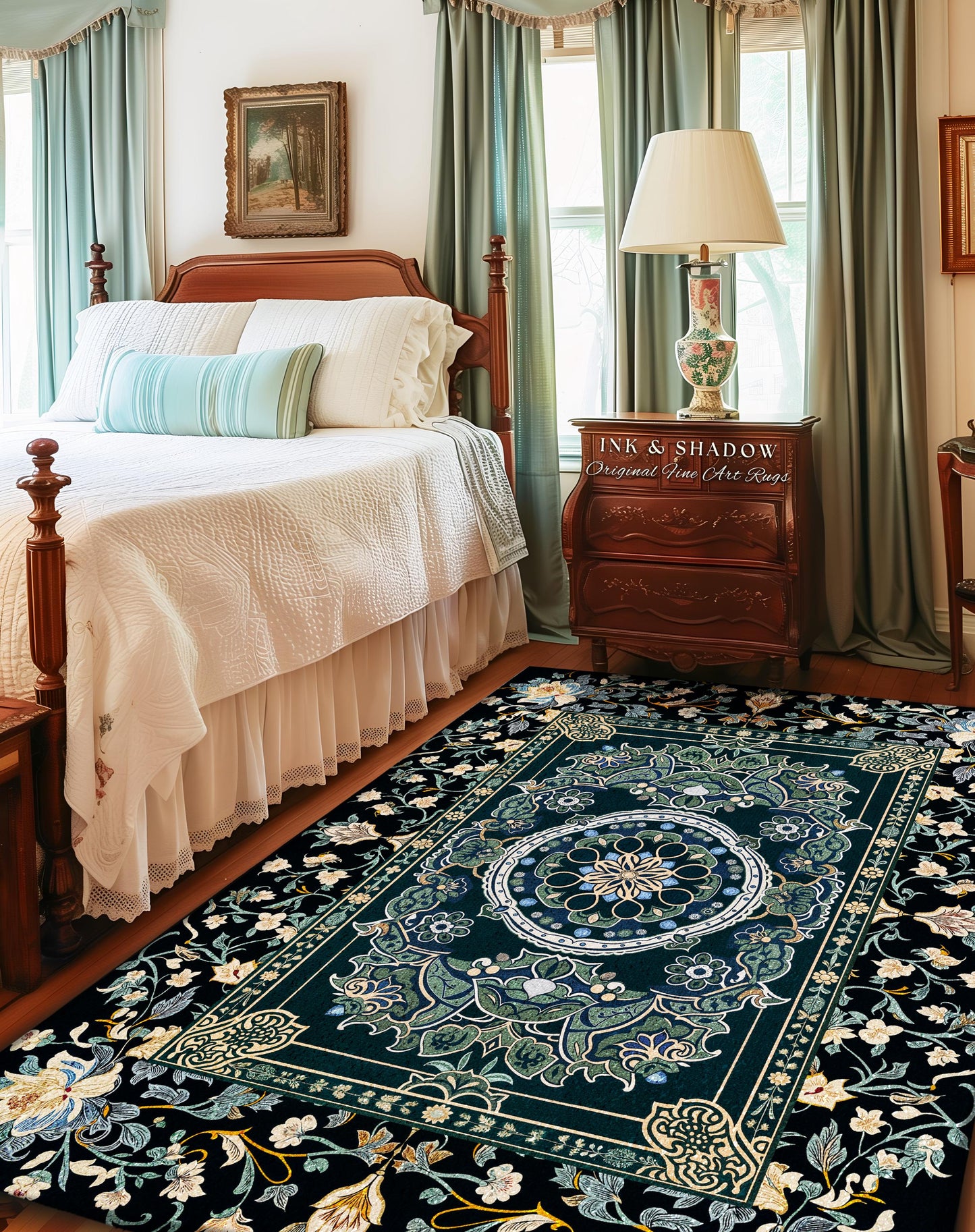 Dark Enchanted Baroque Area Rug | Ornate Midnight Teal Art Deco Design Antique Gothic Home Decor Castlecore Maximalist Vintage Room Accent |