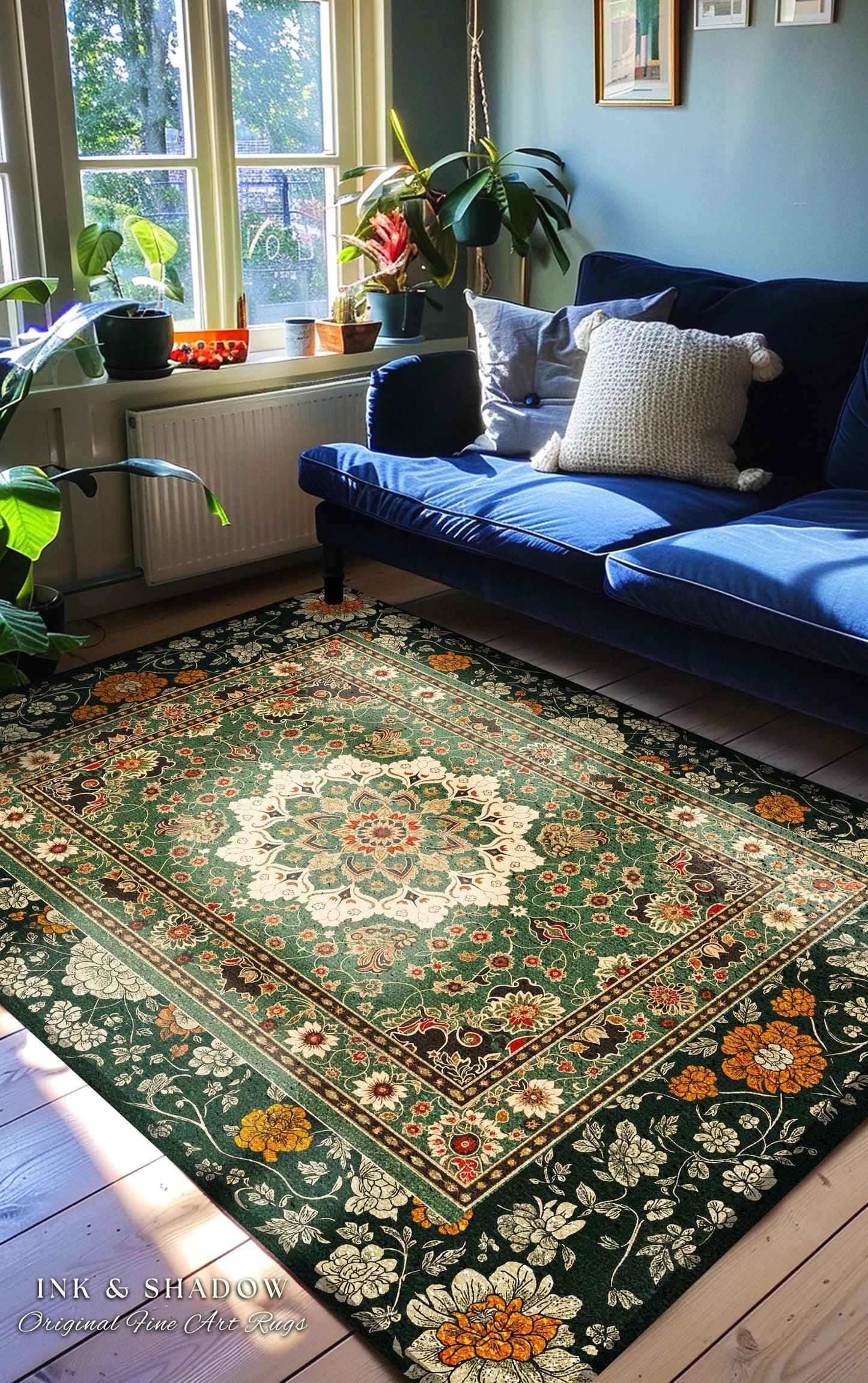 Aesthetic Sage Green Gothic Area Rug | Baroque Ornate Maximalist Design Antique Romance Art Nouveau Pattern Jade Green Victorian Influence