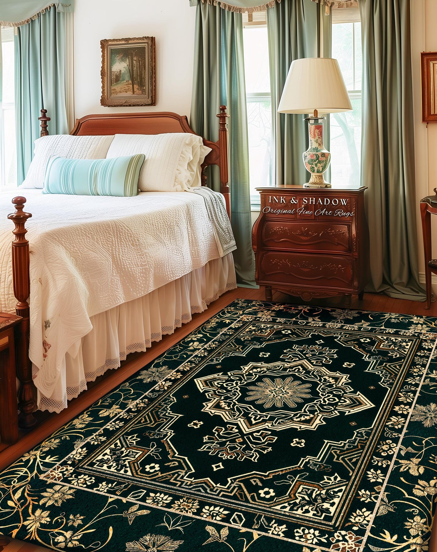 Eccentric Geometric Art Deco Rug | Rustic Gold Accent Design Bohemian Carpet Midnight Emerald Ornate Traditional Living Room Baroque Style |
