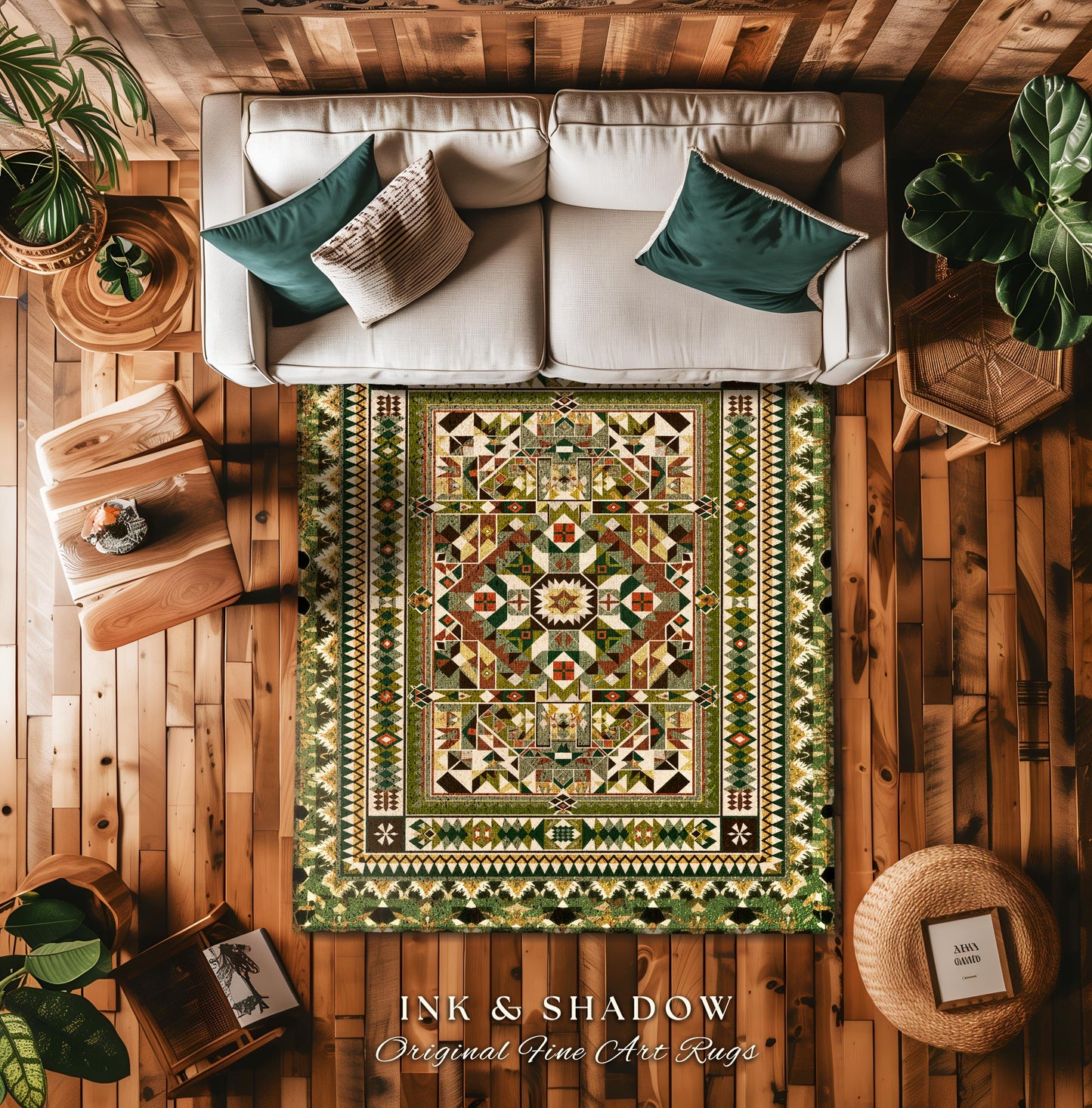 Natural Toned Geometric Area Rug | Warm Midcentury Styling Boho Accent Earth Palette Muted Color Interior Design Nordic Aesthetic Bohemian |
