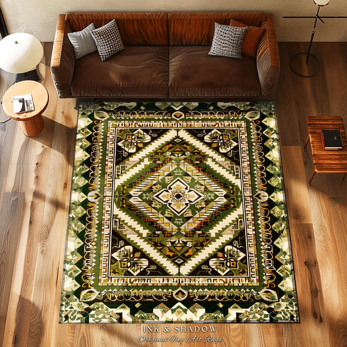 Soft Neutrals Earthy Area Rug | Geometric Boho Styling Midcentury Influence Warm Earth Tones Cozy Home Accent Muted Interior Design Style |