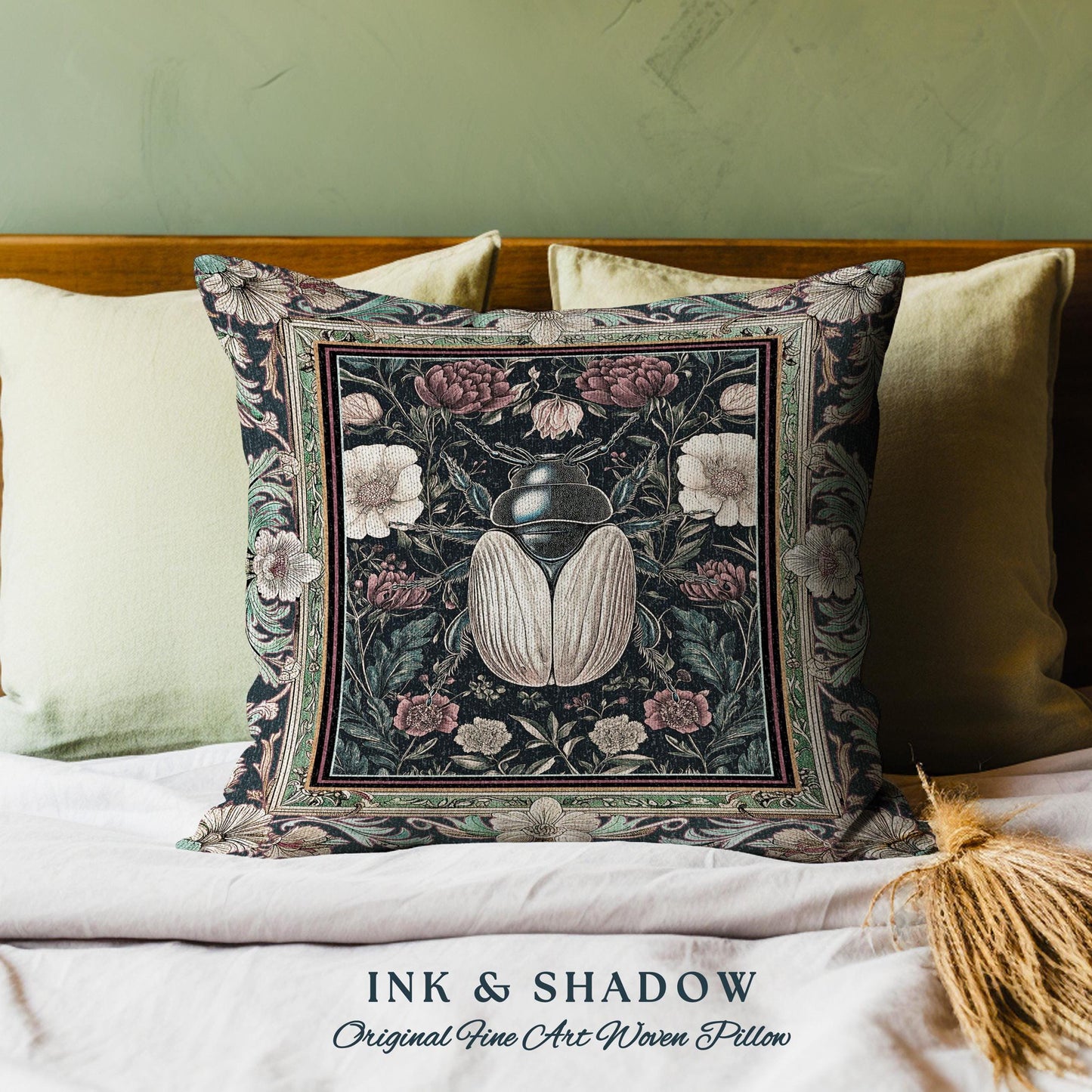 Victorian Gothic Floral Beetle Pillow Vintage Dark Botanical Bug Decor | Macabre Whimsigothic Enchanted Forest Cushion Wildflower Insect Art