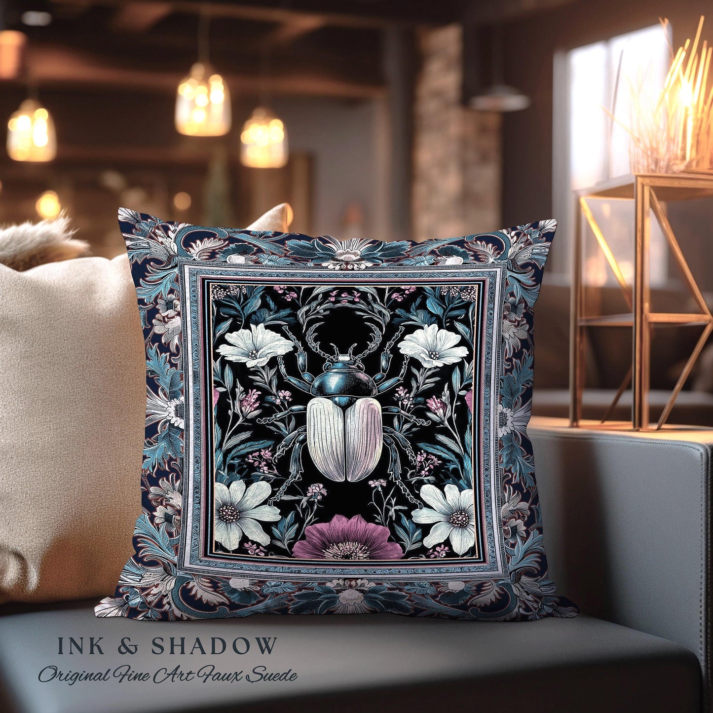 a decorative pillow on a couch in a room