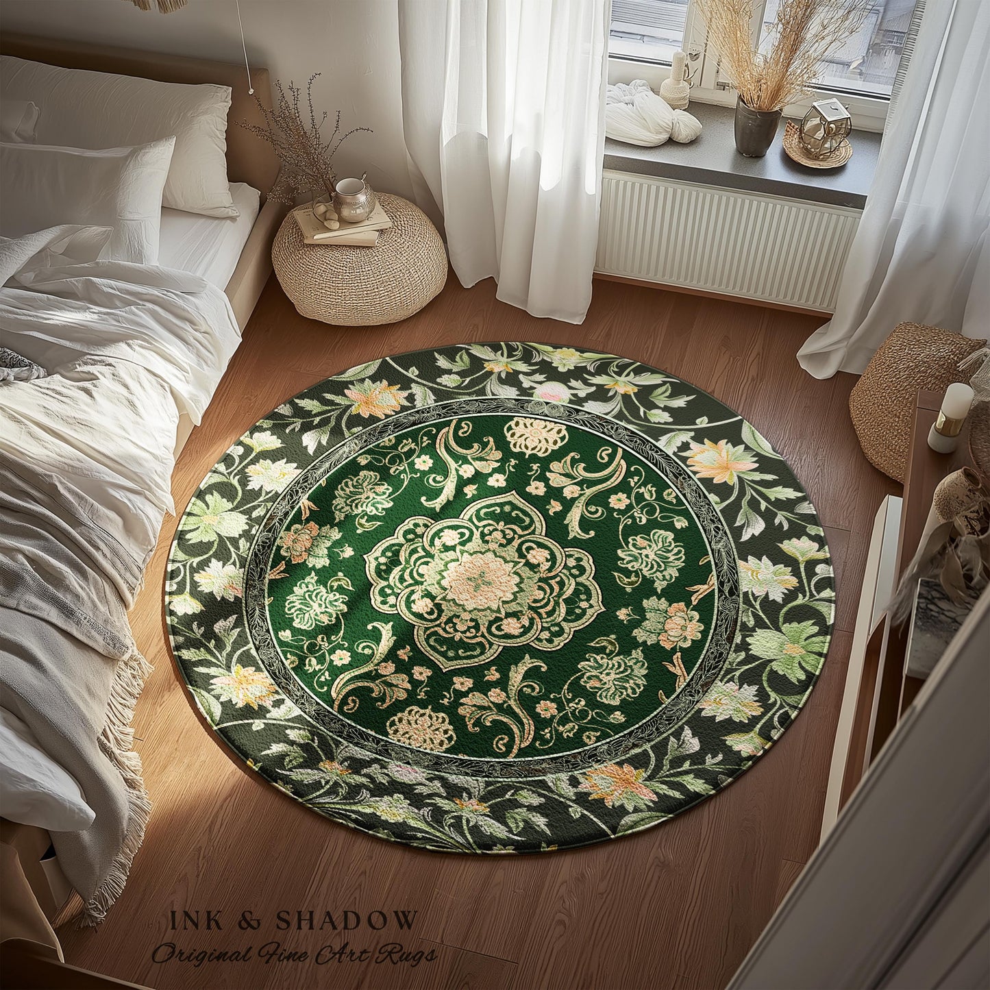 Emerald Round Accent Rug for Living Room | Classic Ornate Statement Rug with Green Detail Peachy Accent Bohemian Aesthetic Cozy Reading Nook