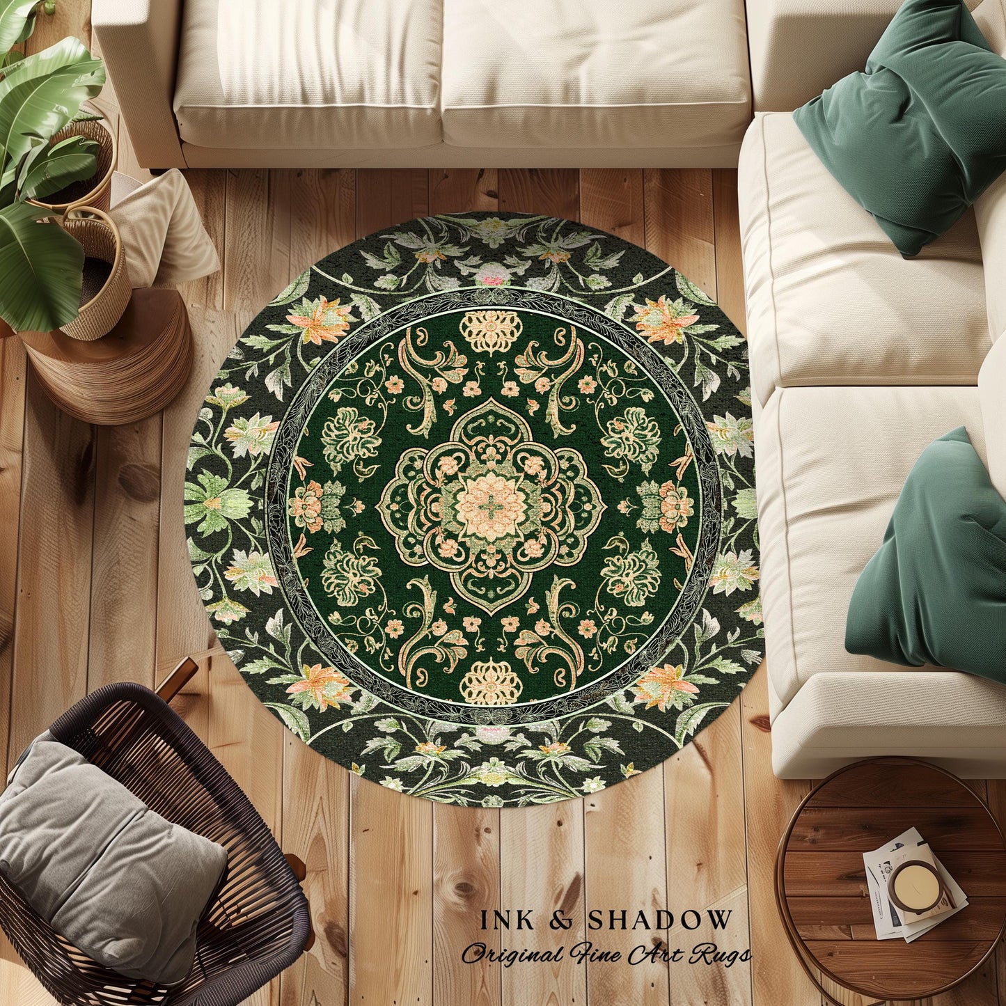Emerald Round Accent Rug for Living Room | Classic Ornate Statement Rug with Green Detail Peachy Accent Bohemian Aesthetic Cozy Reading Nook