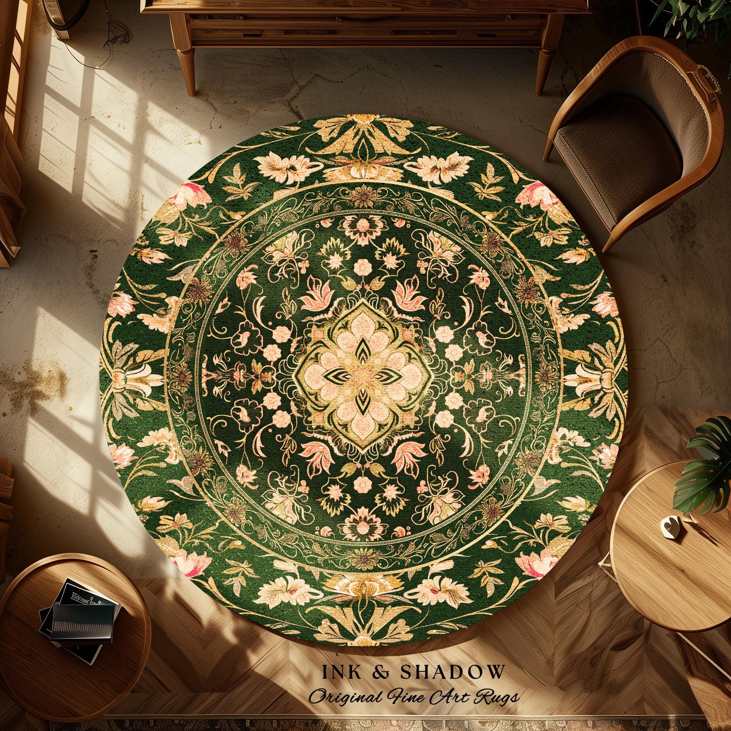 Mystic Florals Boho Pastel Round Accent Rug | Whimsical Cottagecore Dark Academia Baroque Home Accent Rug Bohemian Decor Peach Colors Decor