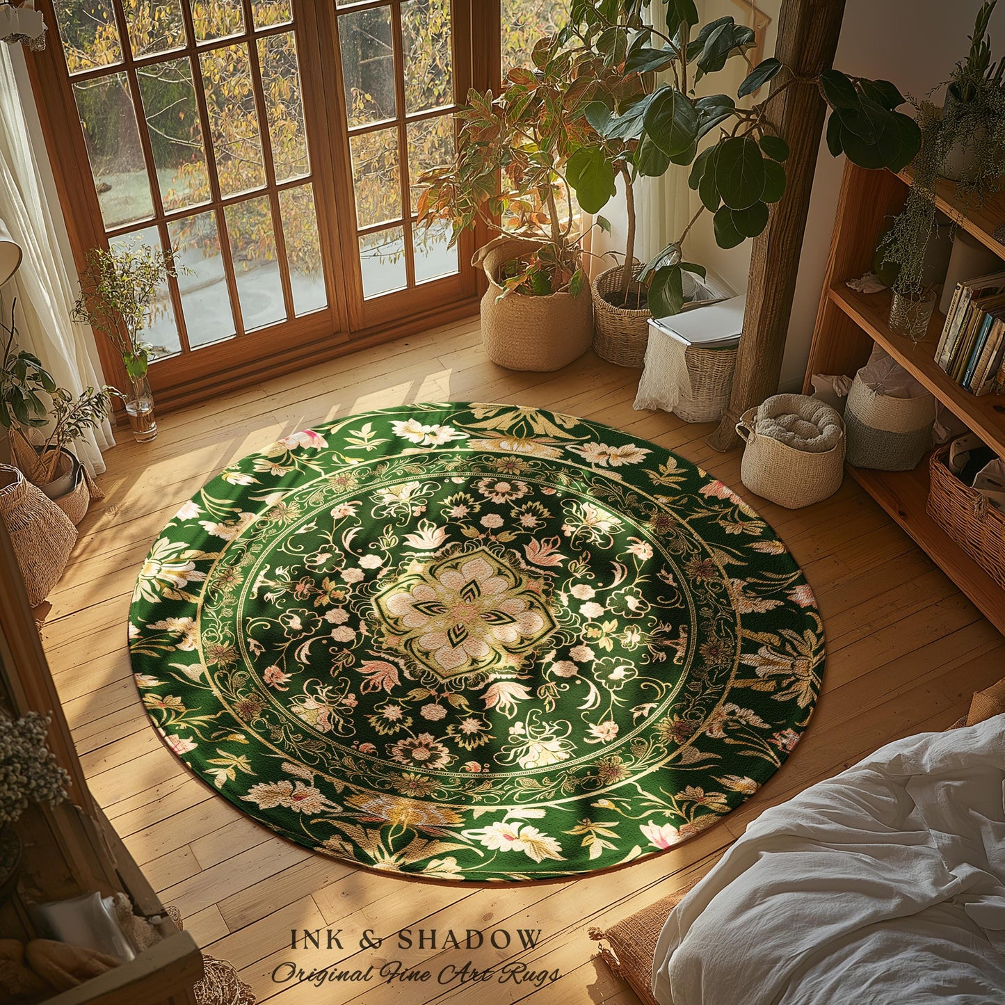 Mystic Florals Boho Pastel Round Accent Rug | Whimsical Cottagecore Dark Academia Baroque Home Accent Rug Bohemian Decor Peach Colors Decor